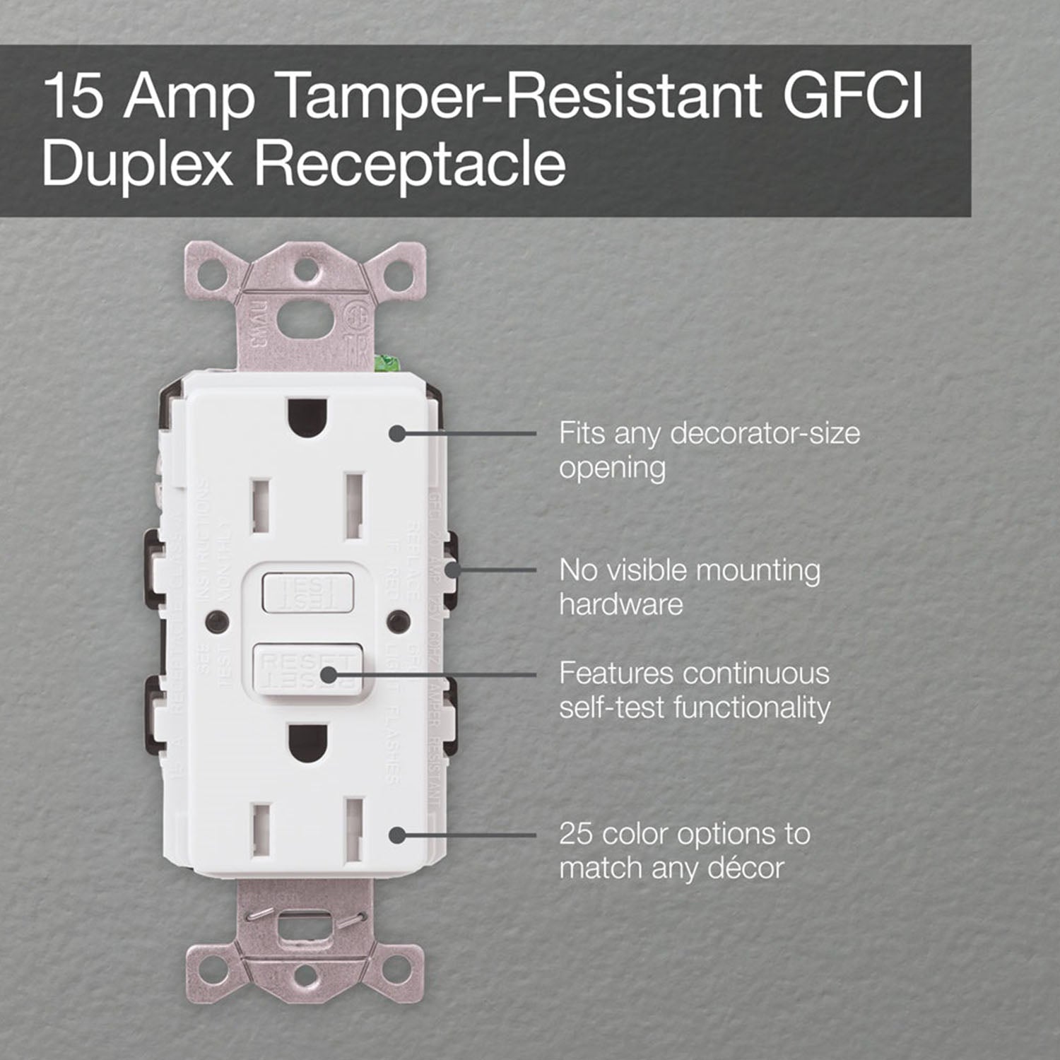 Claro Tamper-Resistant Self-Testing 15A GFCI Receptacle, Gray