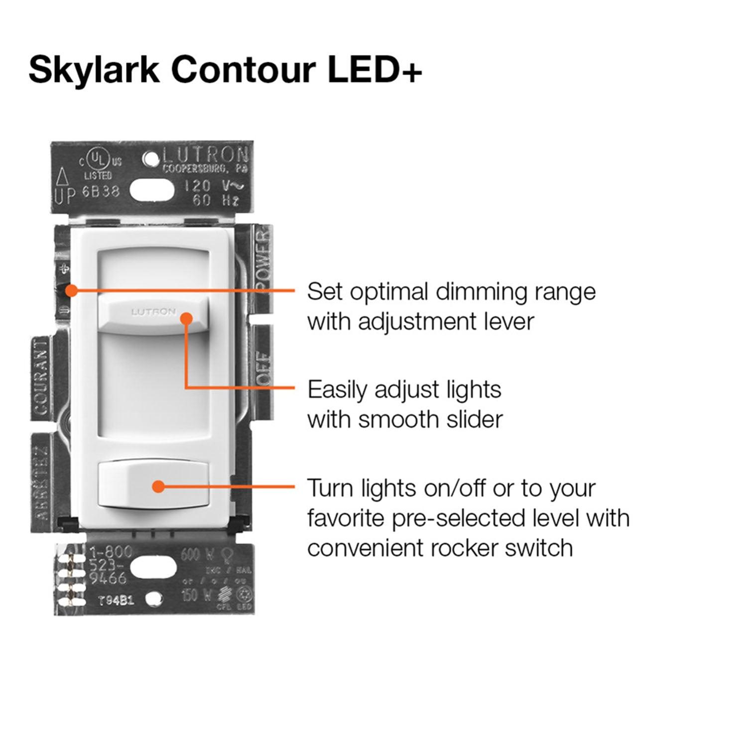 Skylark Contour LED+ Dimmer Switch, 150W LED/CFL, Single Pole or 3-Way, White - Bees Lighting