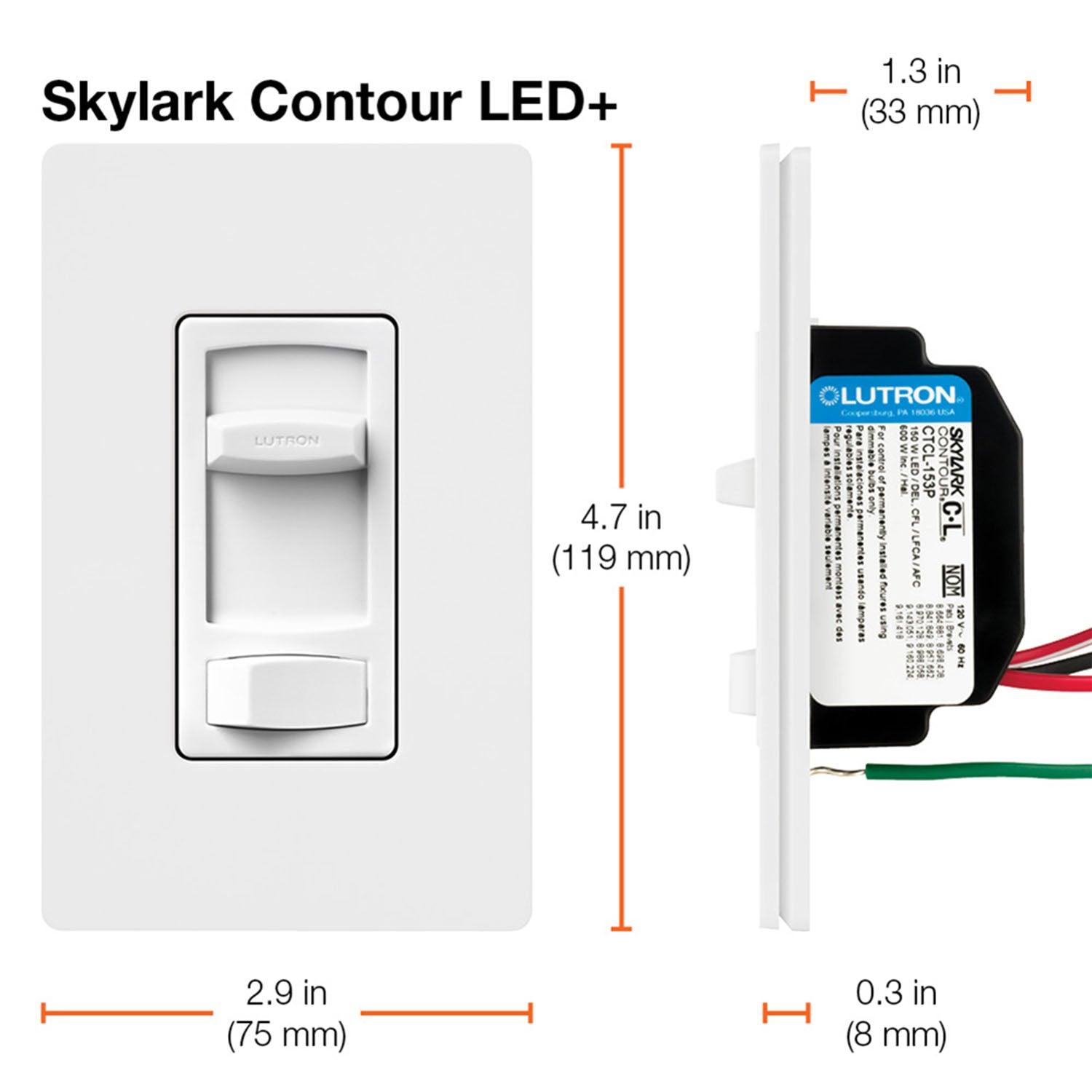 Skylark Contour LED+ Dimmer Switch, 150W LED/CFL, Single Pole or 3-Way, White - Bees Lighting