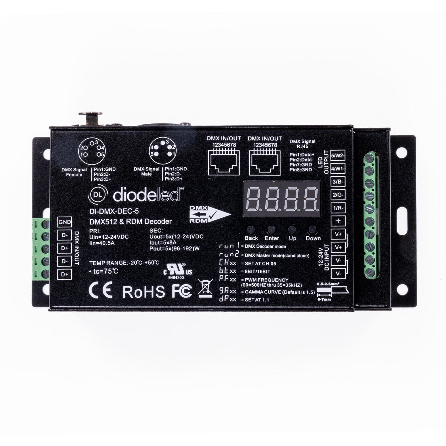 DMX512 5-Channel Decoder with RDM, 12V/24VDC, 8A x 5CH