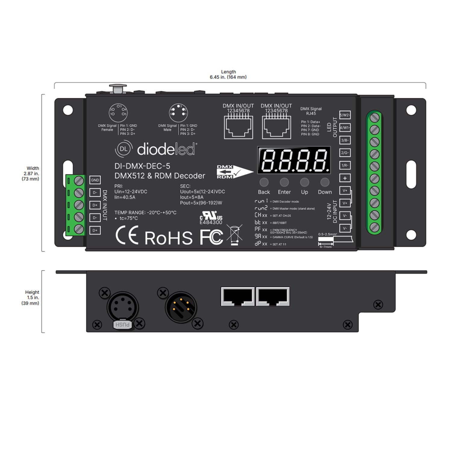 DMX512 5-Channel Decoder with RDM, 12V/24VDC, 8A x 5CH