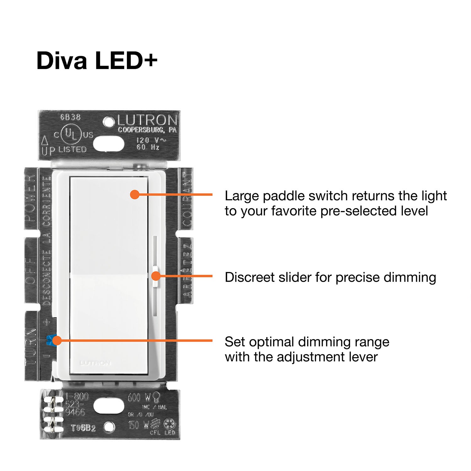 Diva LED+ Dimmer Switch, 250-Watt, Single Pole or 3-Way, Gray