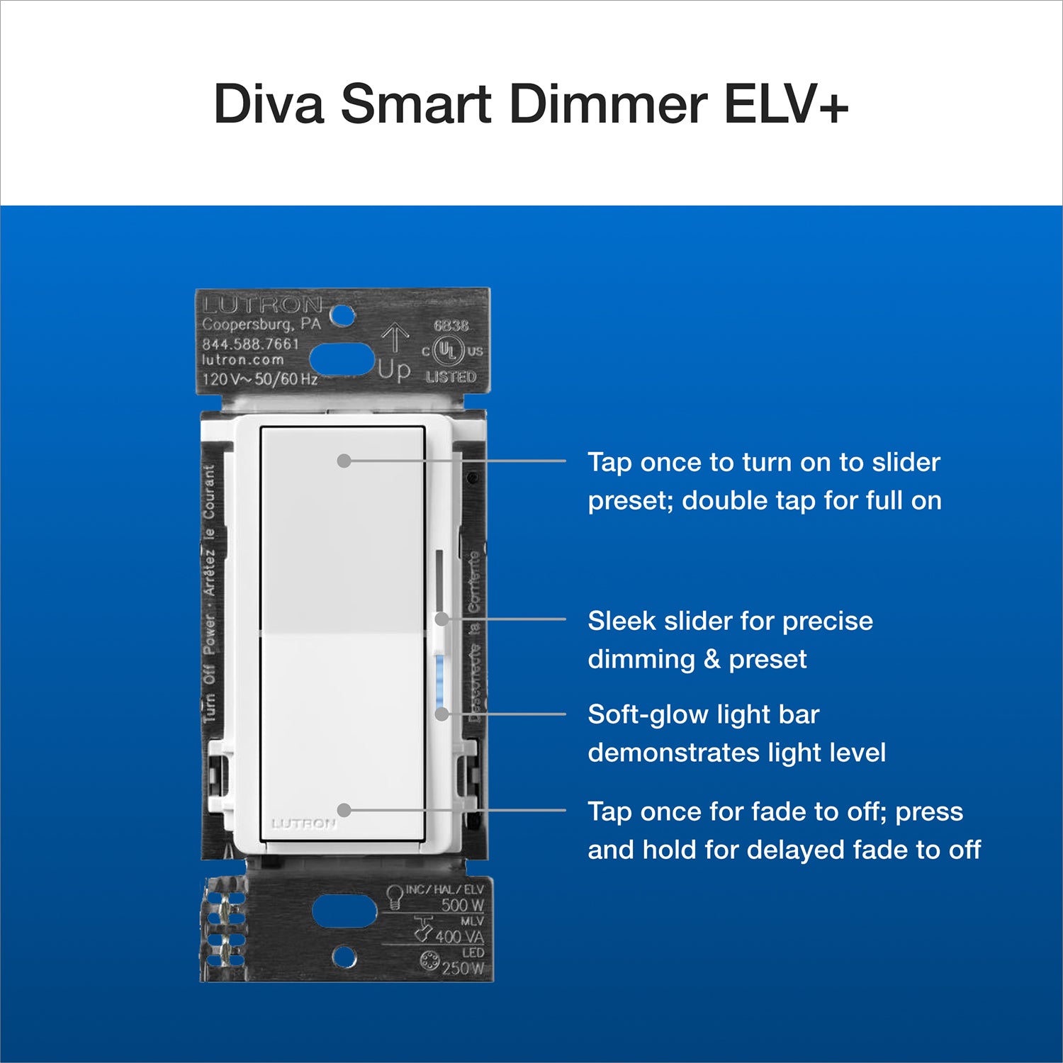 Caseta Smart Dimmer Switch ELV+, 250 Watts, Neutral Required, White