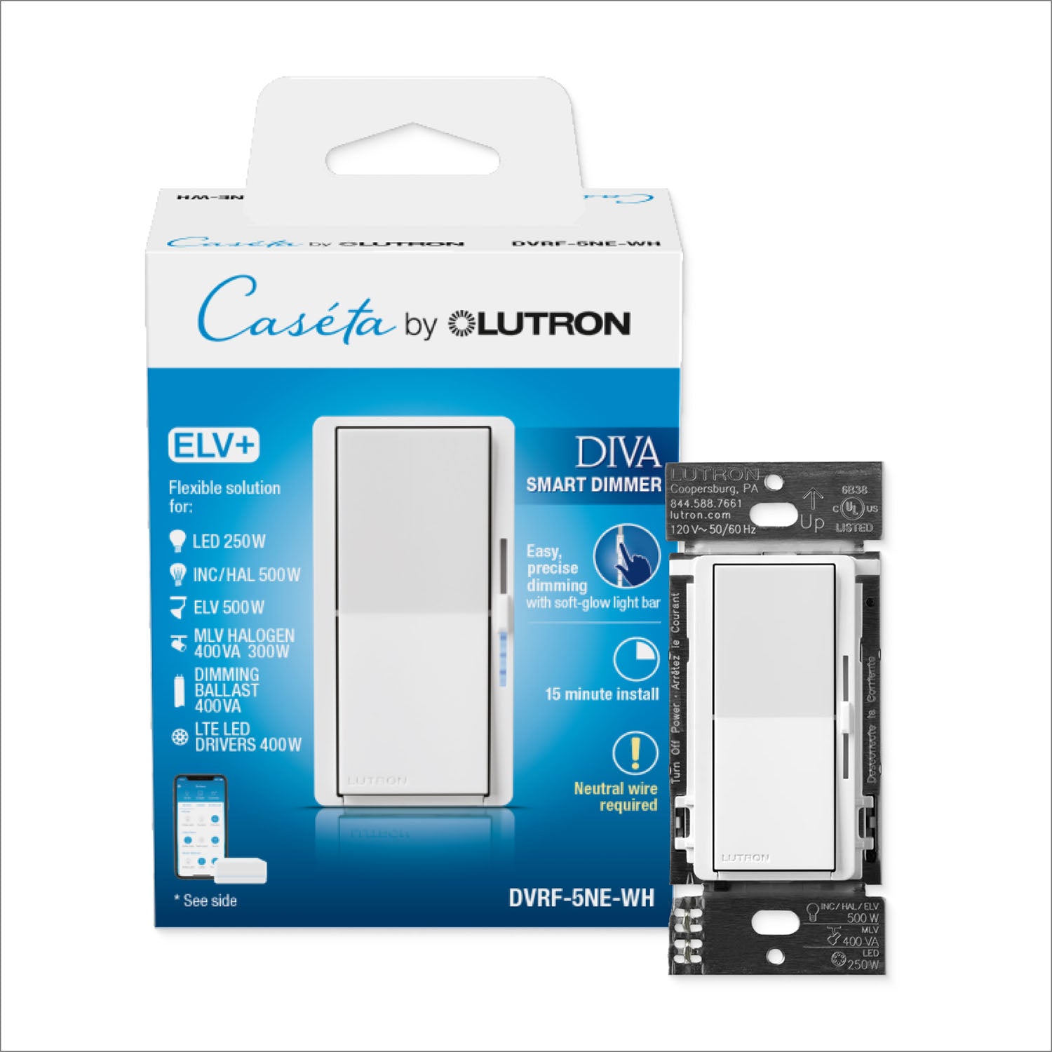 Caseta Smart Dimmer Switch ELV+, 250 Watts, Neutral Required, White