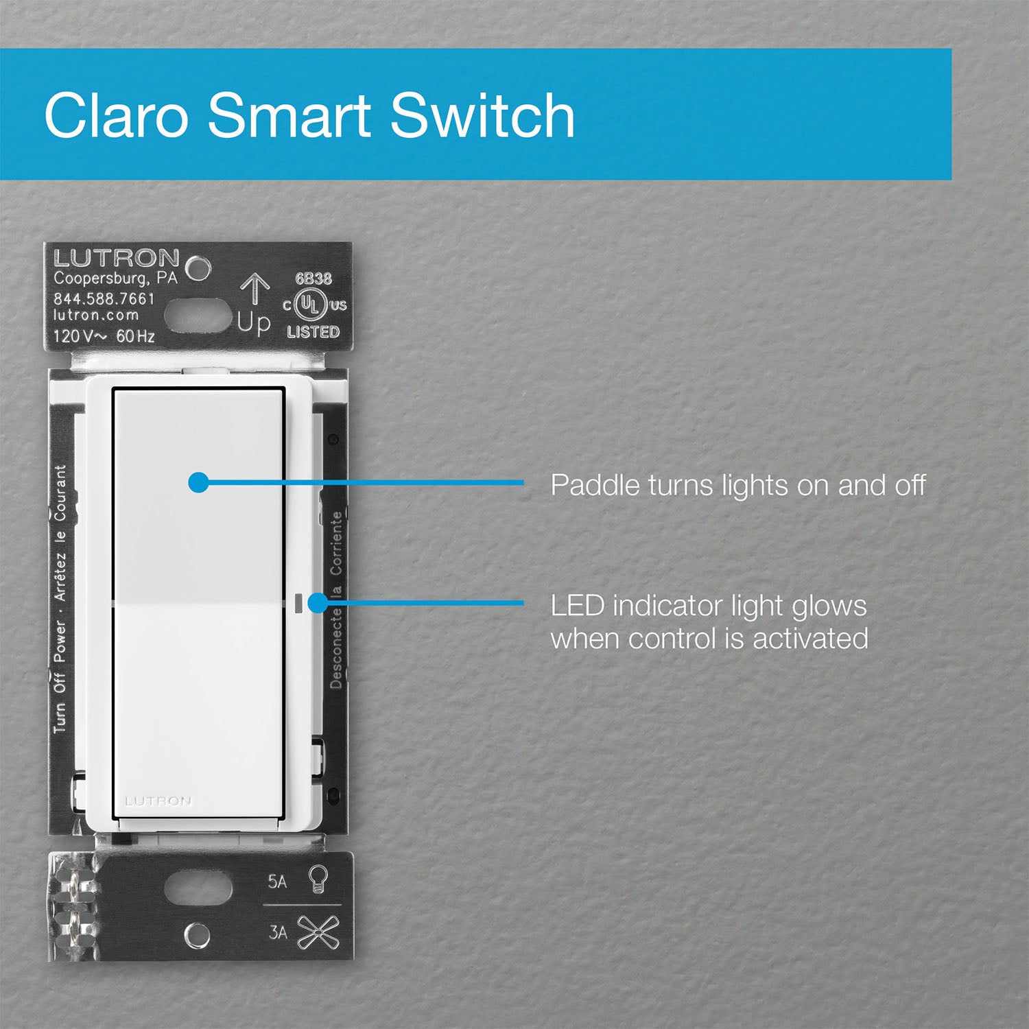 Caseta Claro Smart Switch, 5A, Neutral Required, Single Pole or Multi-Location, White