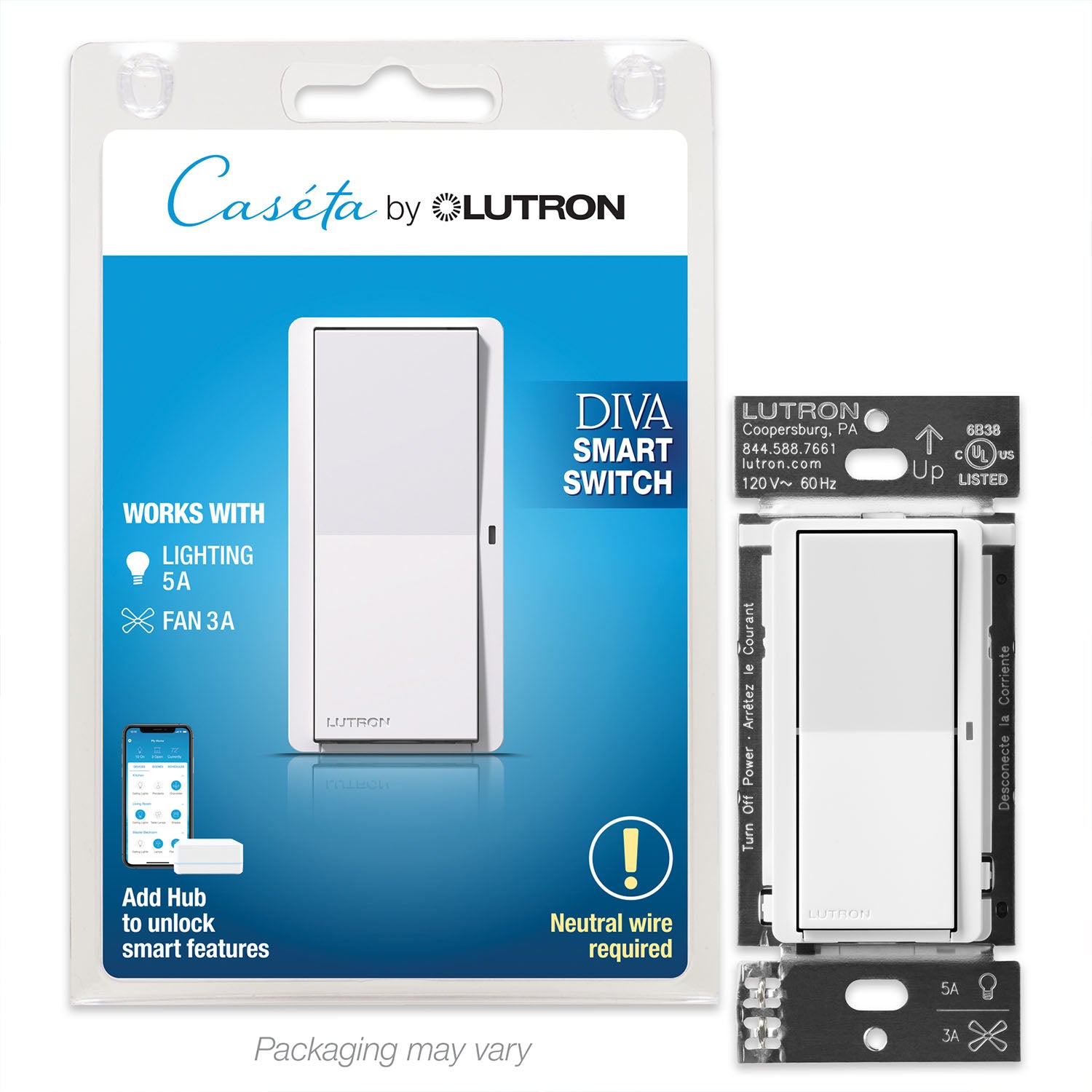 Caseta Claro Smart Switch, 5A, Neutral Required, Single Pole or Multi-Location, White