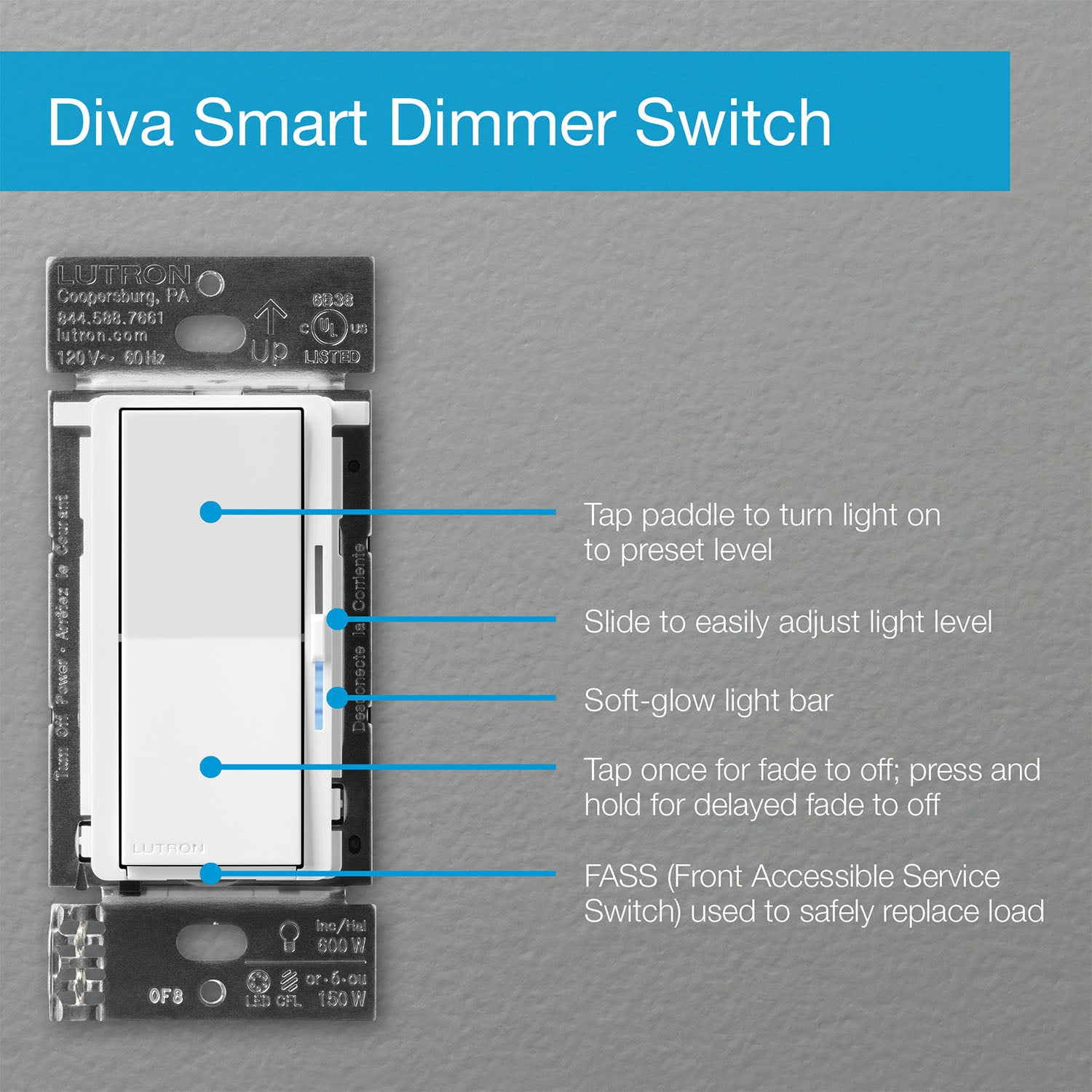 Caseta Diva Smart Dimmer Switch, 150-Watt LED, 3-Way/Multi-Location, Light Almond