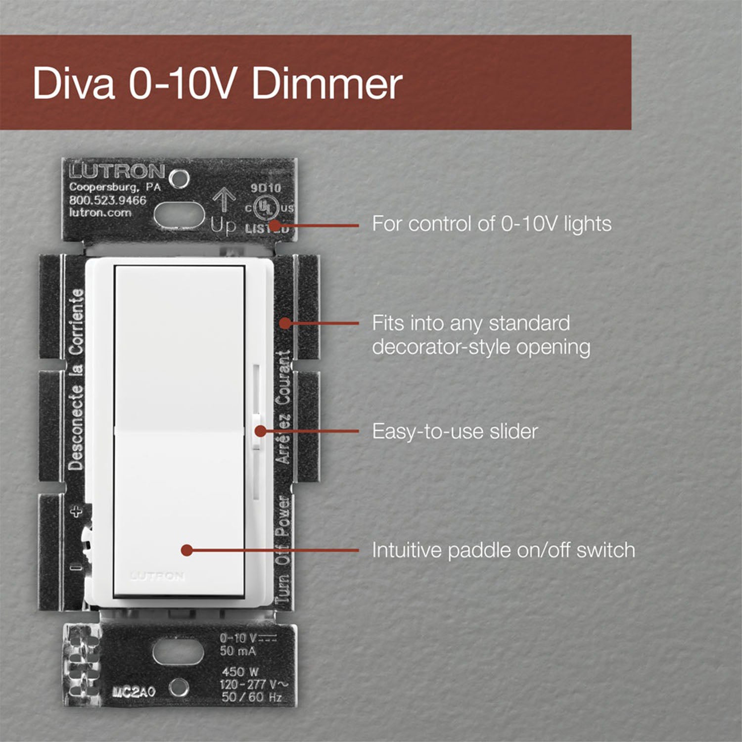 Diva 0-10V LED/Fluorescent Dimmer Switch, 120V-277V, 8 Amp, Single-Pole/3-Way, Black