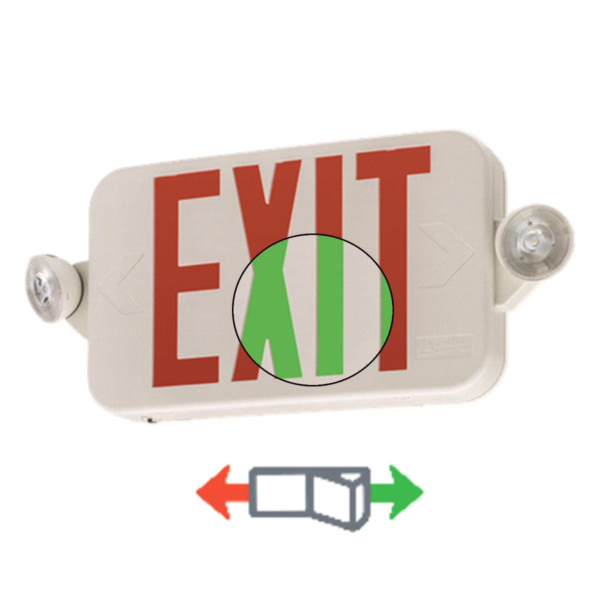 LED Combo Exit Sign, Universal Face with Red/Green Letters, White Finish