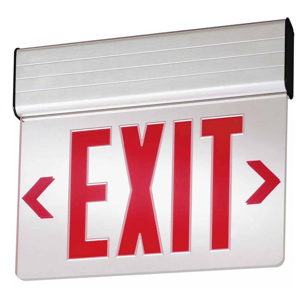 Edge-Lit LED Exit Sign, Single face with Red Letters, Mirror Panel Finish, Battery Backup Included