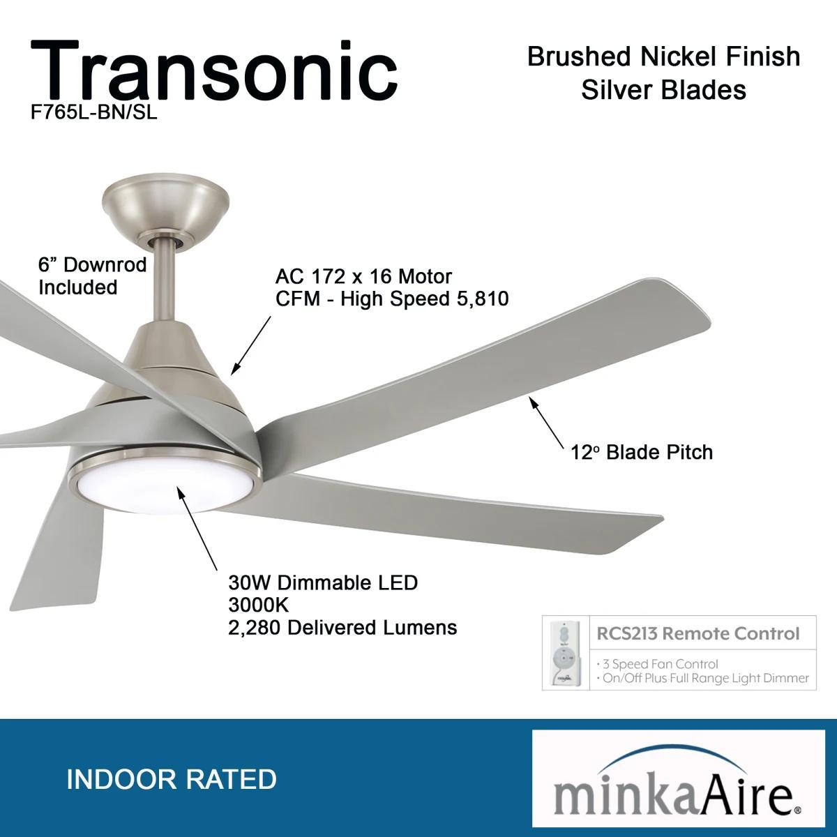 Transonic 56 Inch LED Ceiling Fan with Light Kit and Remote, Brushed Nickel with Silver Blades - Bees Lighting