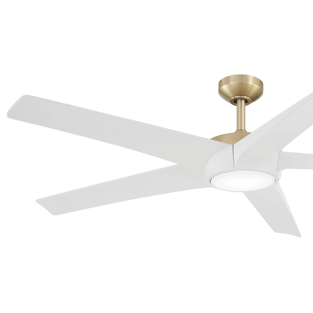 Skymaster 64 Inch LED Ceiling Fan with Light Kit and Remote, Soft Brass with Flat White Blades - Bees Lighting