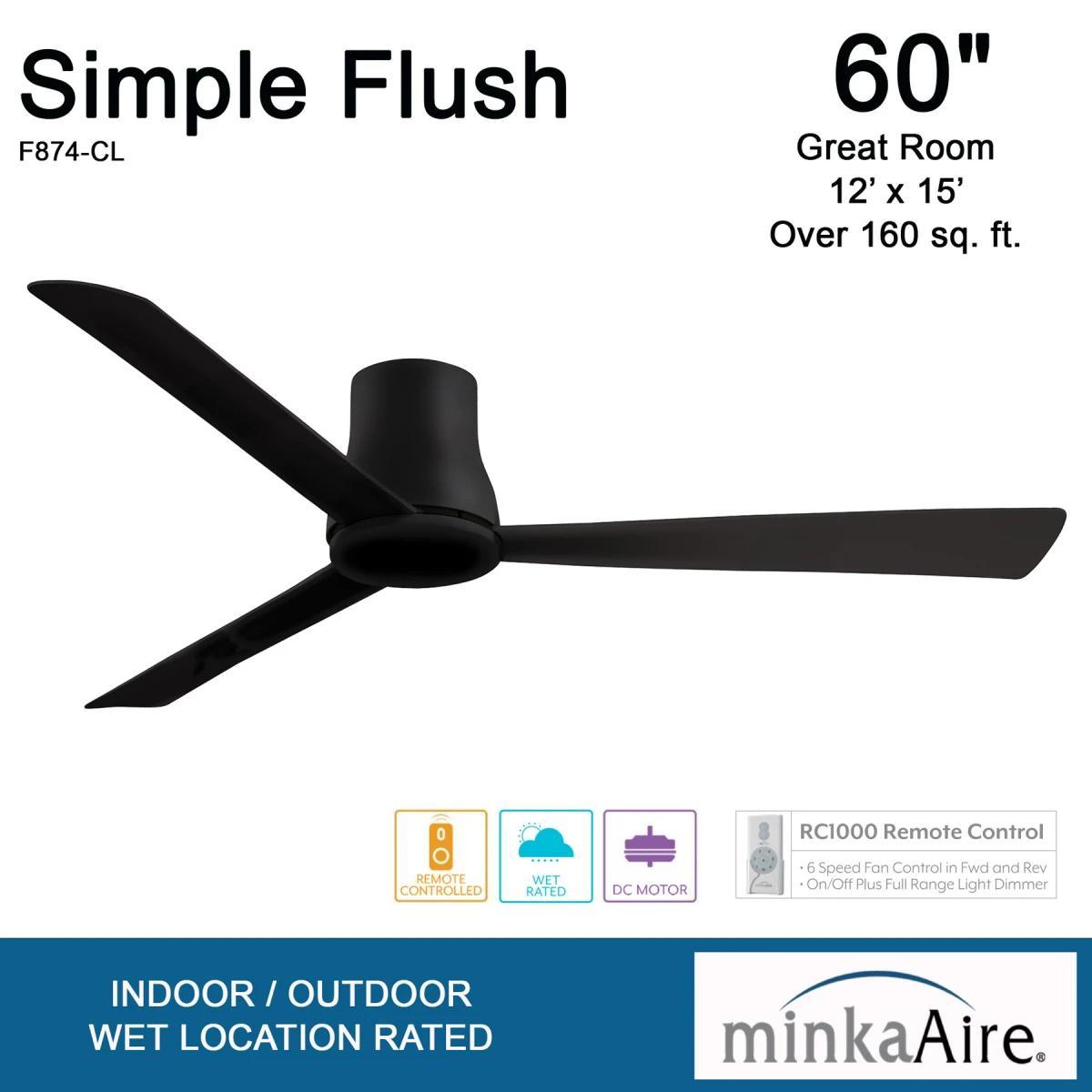 Simple Flush 60 Inch Outdoor Ceiling Fan with Remote, Coal Finish - Bees Lighting