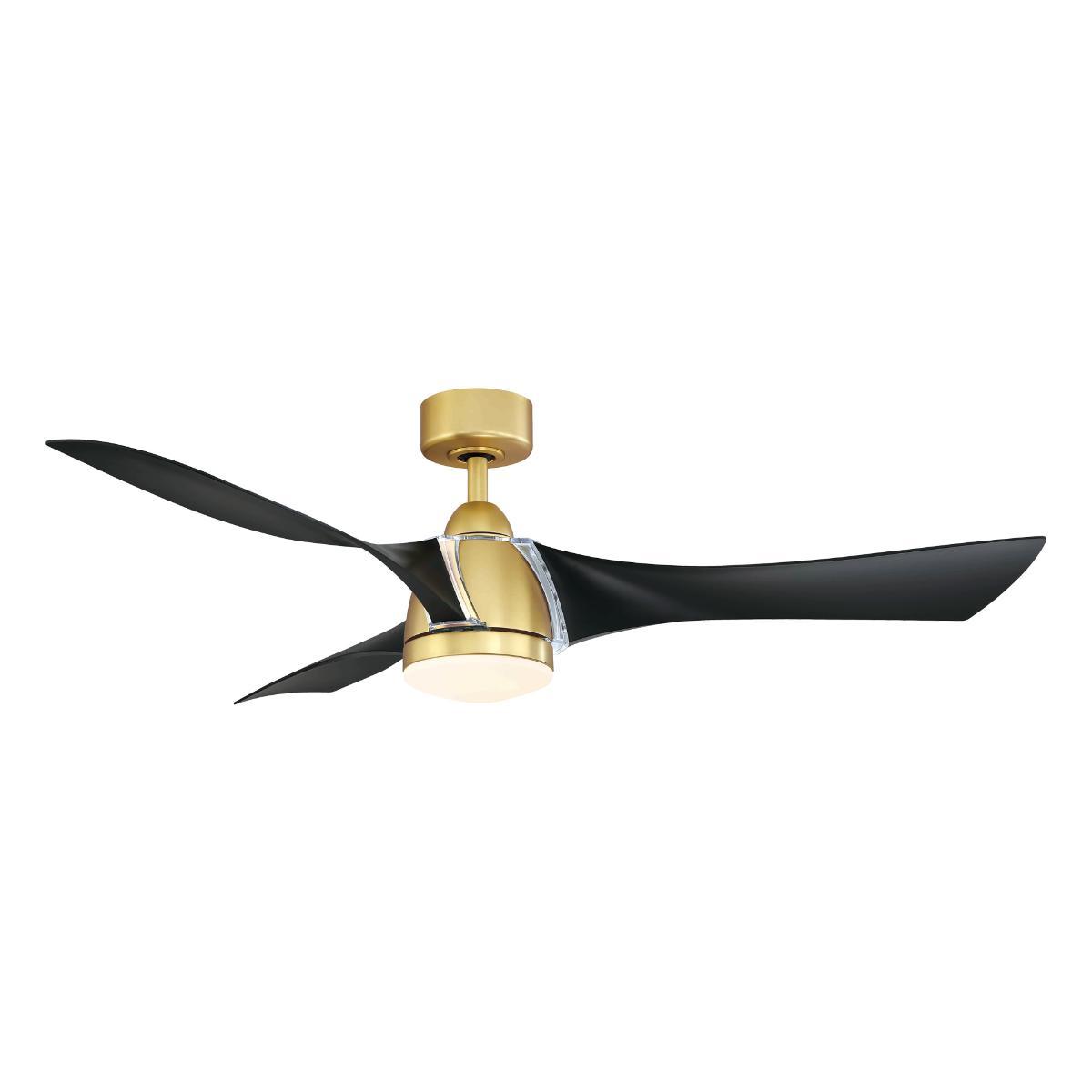Klear 56 inch Indoor/Outdoor Ceiling Fan with LED CCT Select Light Kit and Remote, Brushed Satin Brass with Black Blades - Bees Lighting