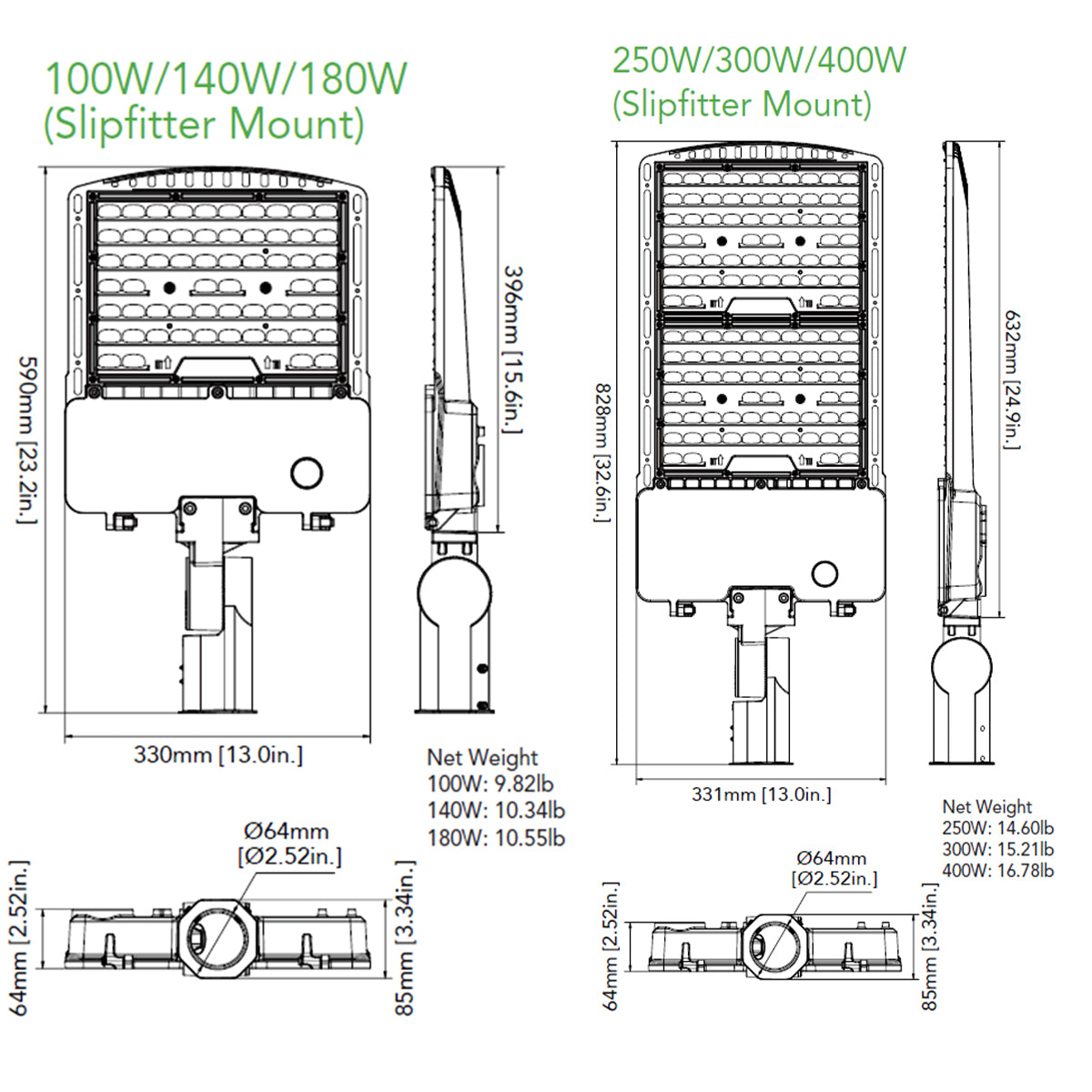 LED Pole Light, 300-400 Watts, 4000K/5000K, 60500 Lumens, 347-480V, Type III