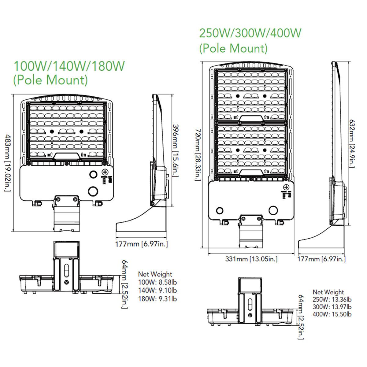 LED Pole Light, 300 Watts Adjustable, 30K/40K/50K, 45000 Lumens, 120-277V, Type III - Bees Lighting