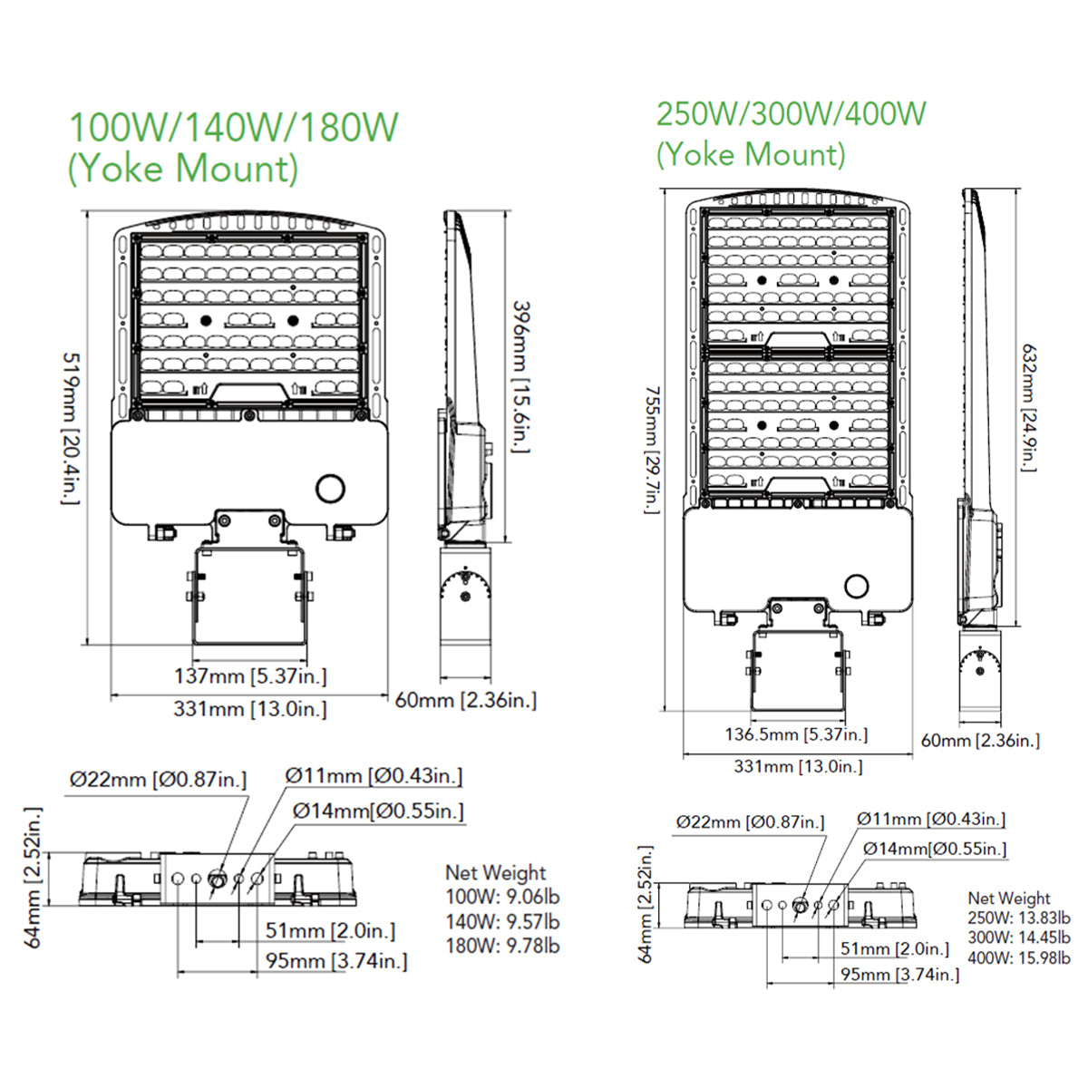 LED Pole Light, 300-400 Watts, 4000K/5000K, 60500 Lumens, 347-480V, Type III