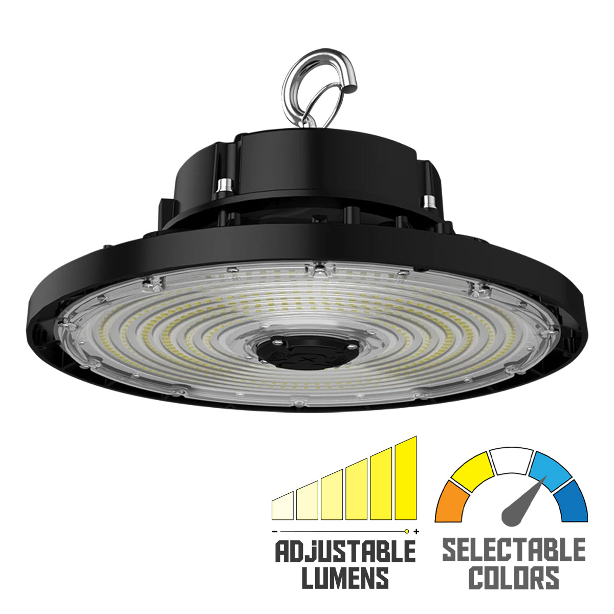 High Bay UFO LED Light, 37000 Lumens, 150/200/240W, 30K/40K/50K, 120/277V, Black