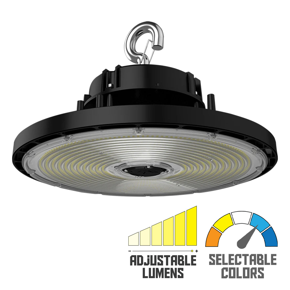 High Bay UFO LED Light, 79000 Lumens, 300/400/500W, 30K/40K/50K, 120/277V, Black