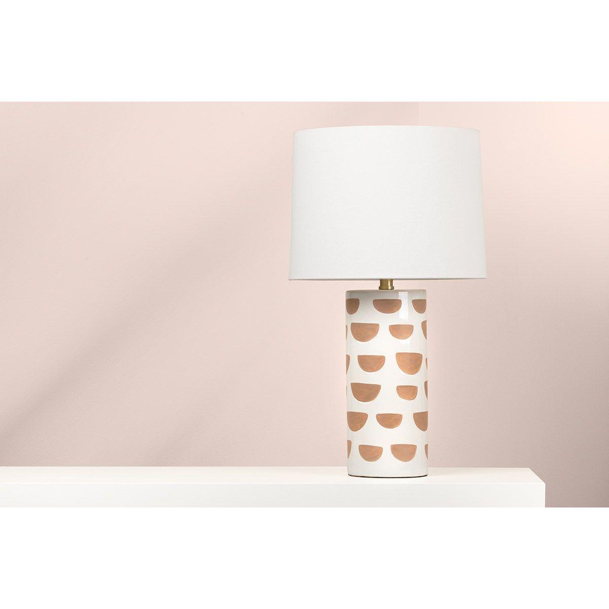 Minnie Tall Table Lamp Ceramic White Geometric Pattern with Aged Brass Accents - Bees Lighting