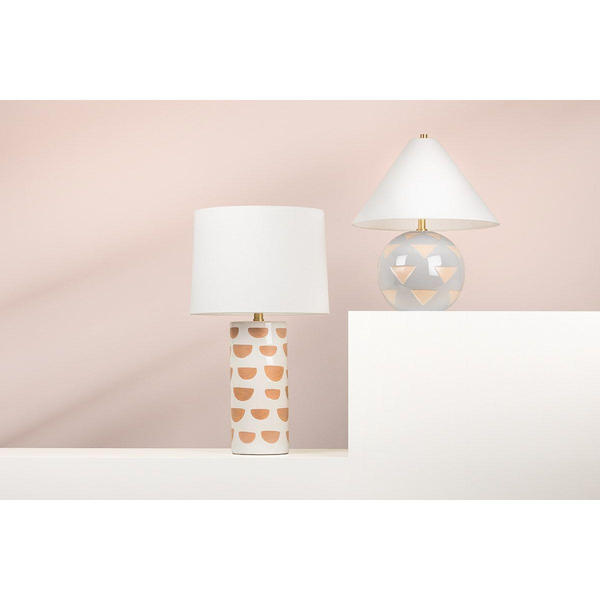 Minnie Tall Table Lamp Ceramic White Geometric Pattern with Aged Brass Accents - Bees Lighting