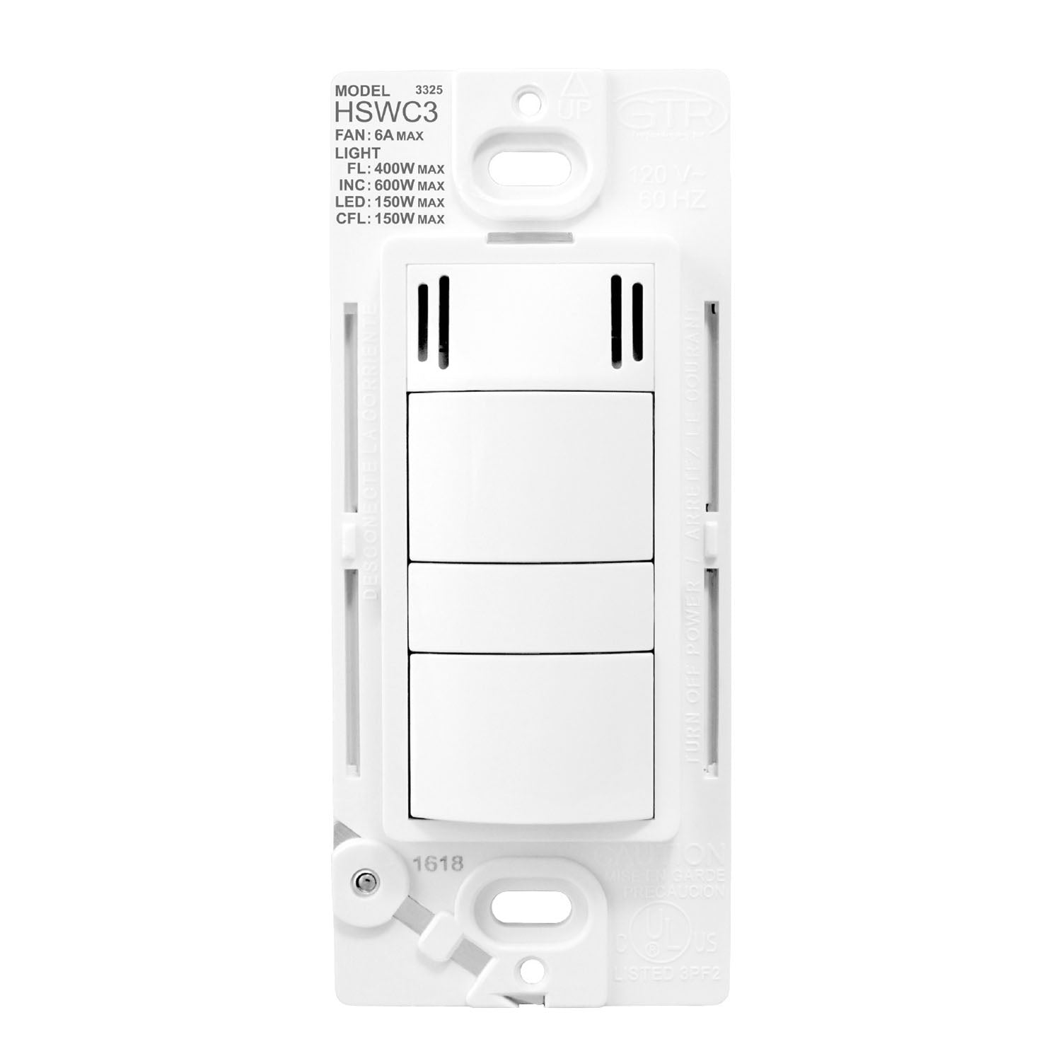 Humidity Based Fan Control with Light Switch 6A, 120V, White