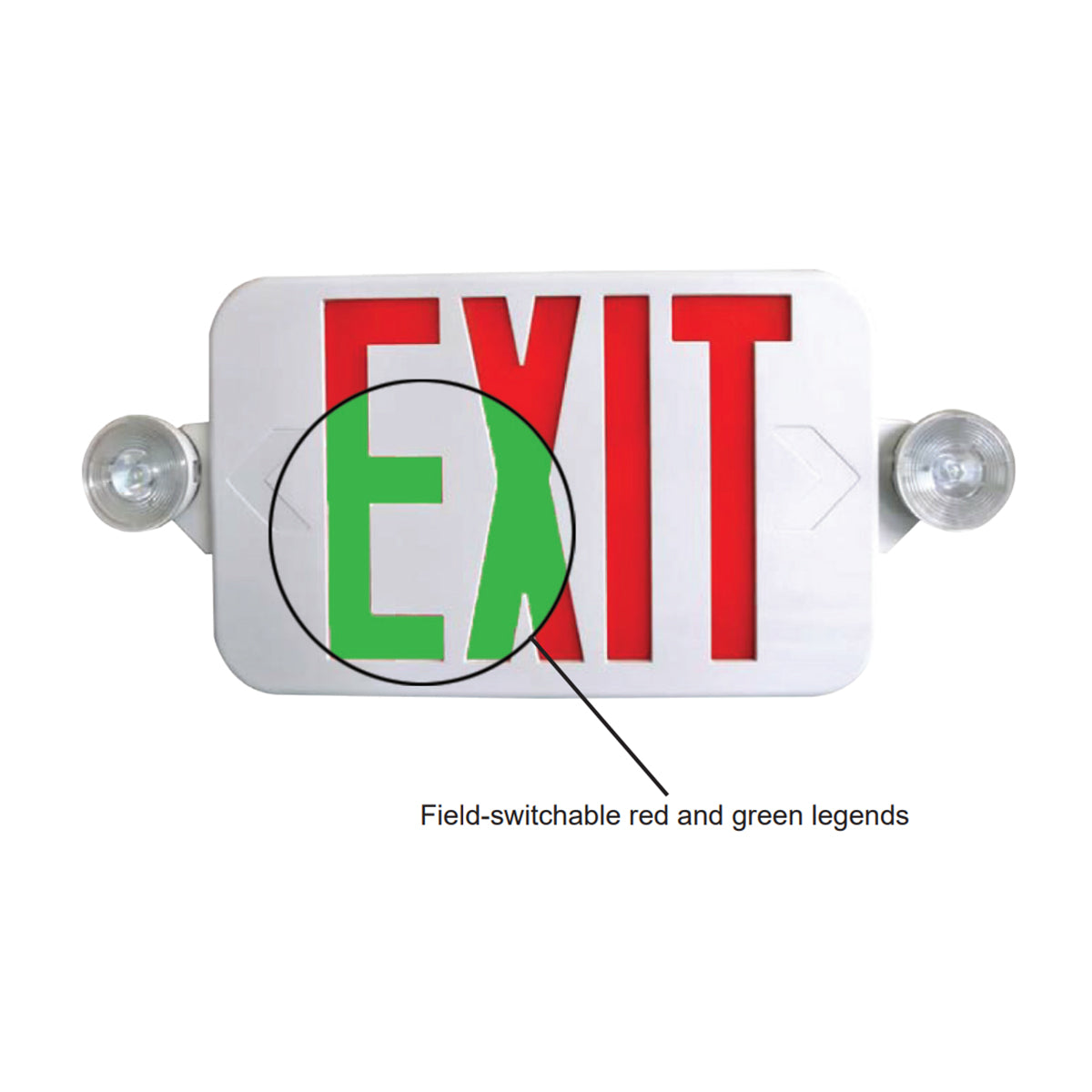 LED Combo Exit Sign, 2 Single Face with Red/Green Letters, Black, Battery Included, Remote Capable