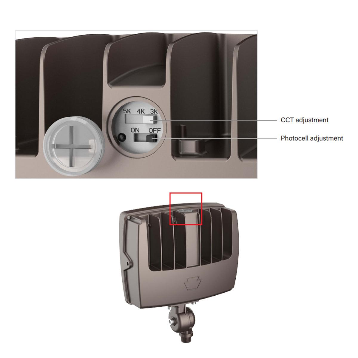 LED Flood Light, 15000 Lm, 100W, 30K|40K|50K, Slipfitter|Trunnion, Photocell, 120-277V, Bronze - Bees Lighting