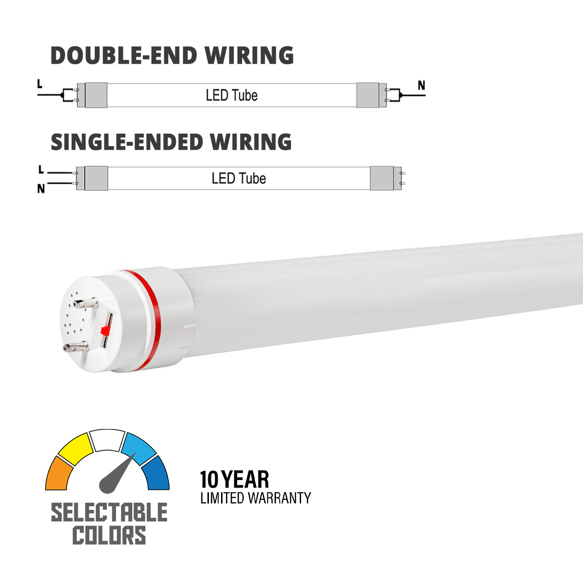 4ft LED T8 Tube, 13 Watts, 2000 Lumens, 3000K to 6500K, Type A+B, Single|Dual End