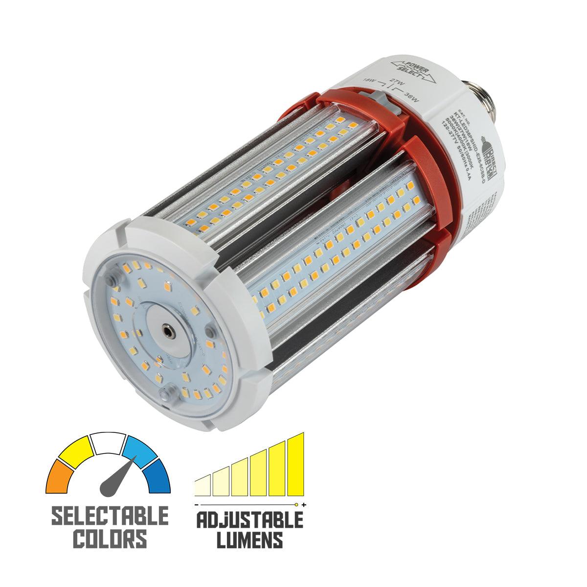 LED Corn Bulb, 18W|27W|36W, 5200lm, Selectable CCT, 150W MH Equal, E26 Base, 120-277V - Bees Lighting