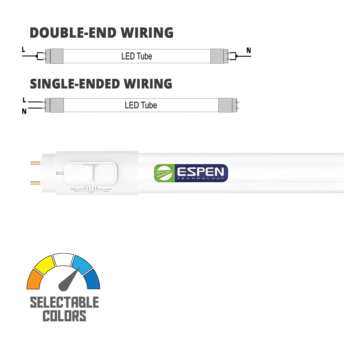 4ft LED T8 Tube, 15W|12W|10W, 2250 Lumens, 3000K to 6500K, Ballast Bypass, Single|Dual End