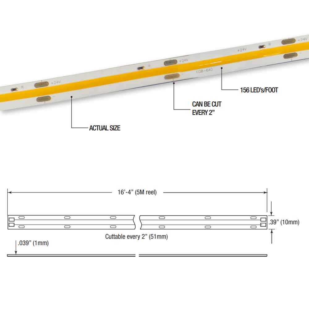 LTR-S Spec COB LED Strip Light, 16ft Reel, 3500K, 275 Lumens per Ft, 24V