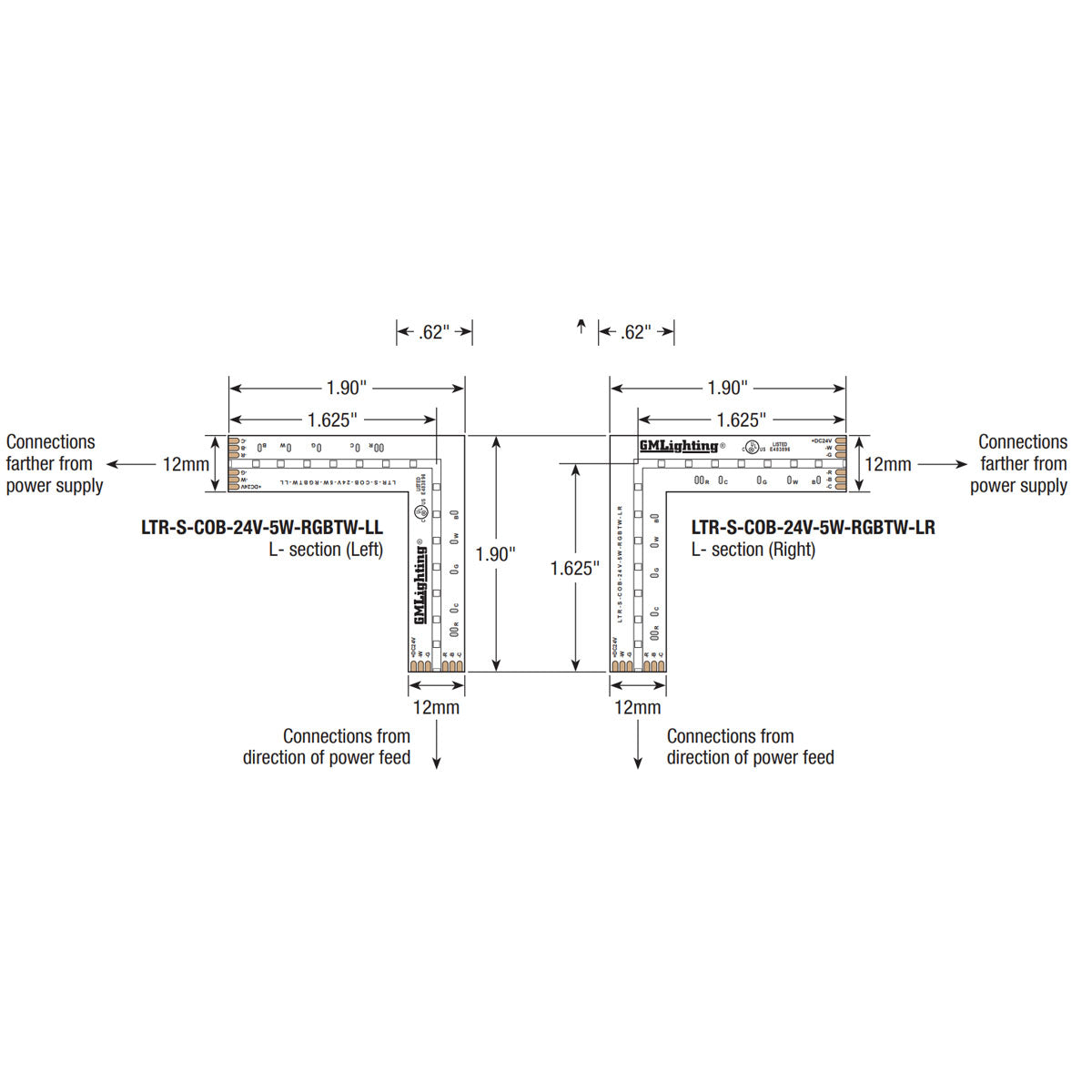 LTR-S Spec COB RGBTW L-Section, 5.0 watts per Ft, 24V, Left