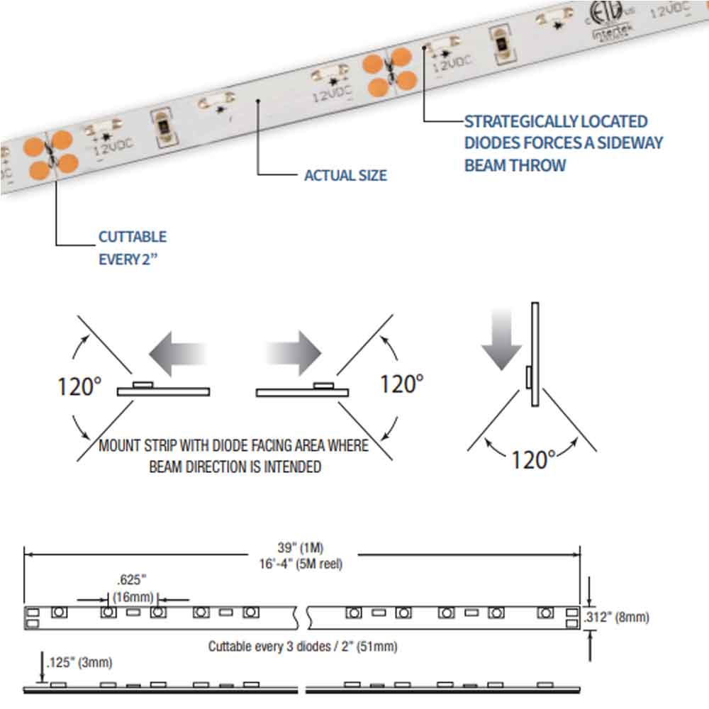 LTR-S Spec Side-View LED Strip Light, 16ft Reel, 3500K, 120 Lumens per Ft, 12V