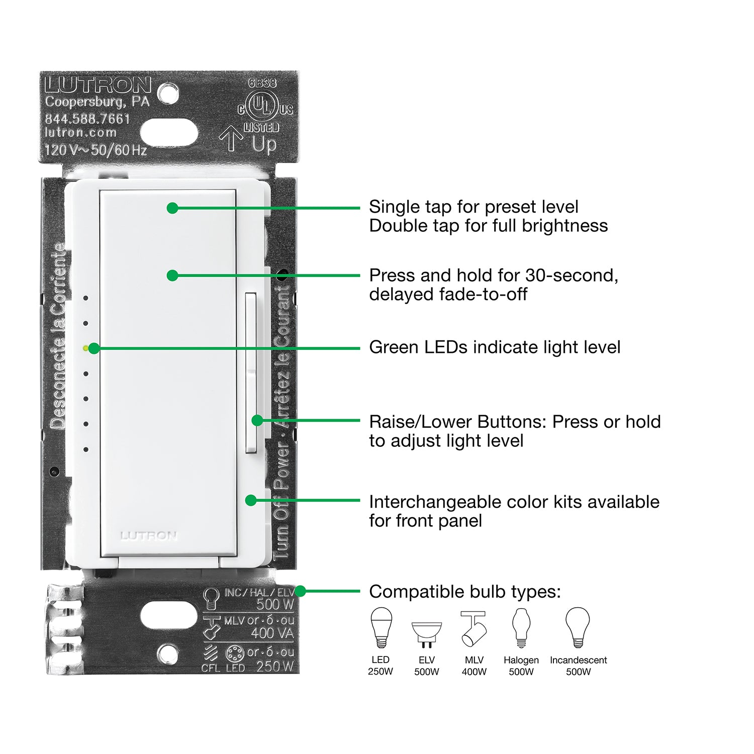 Maestro PRO LED+ Tap Dimmer Switch, 250W LED, 500W ELV, Single Pole or Multi-Location, White