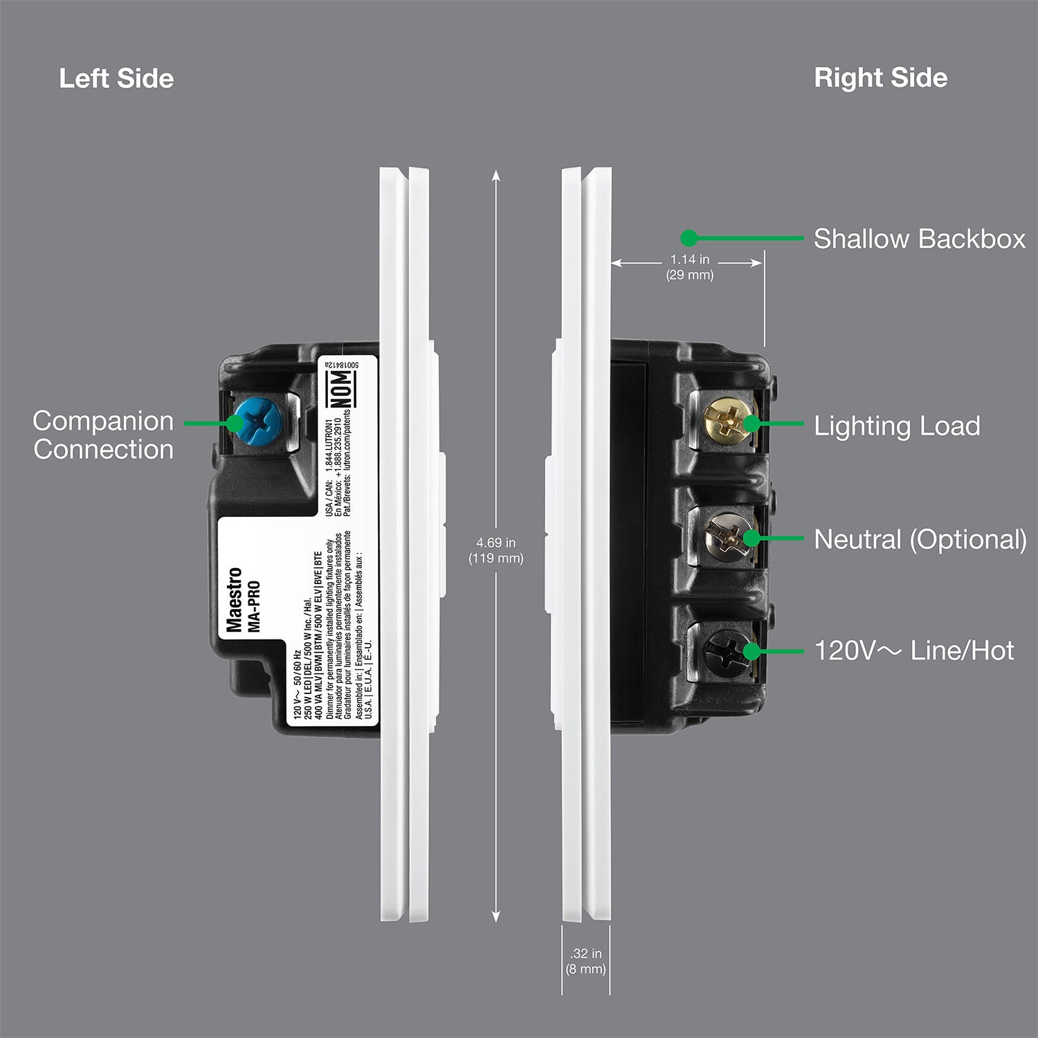 Maestro PRO LED+ Tap Dimmer Switch, 250W LED, 500W ELV, Single Pole or Multi-Location, White