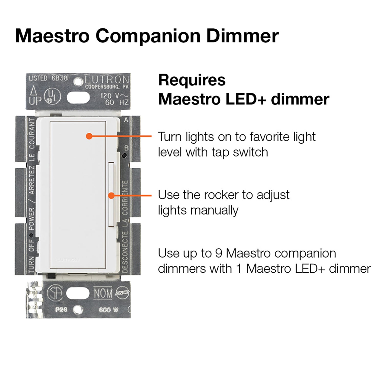 Lutron Maestro Companion Multi-Location Dimmer, Not for Standalone Use, White