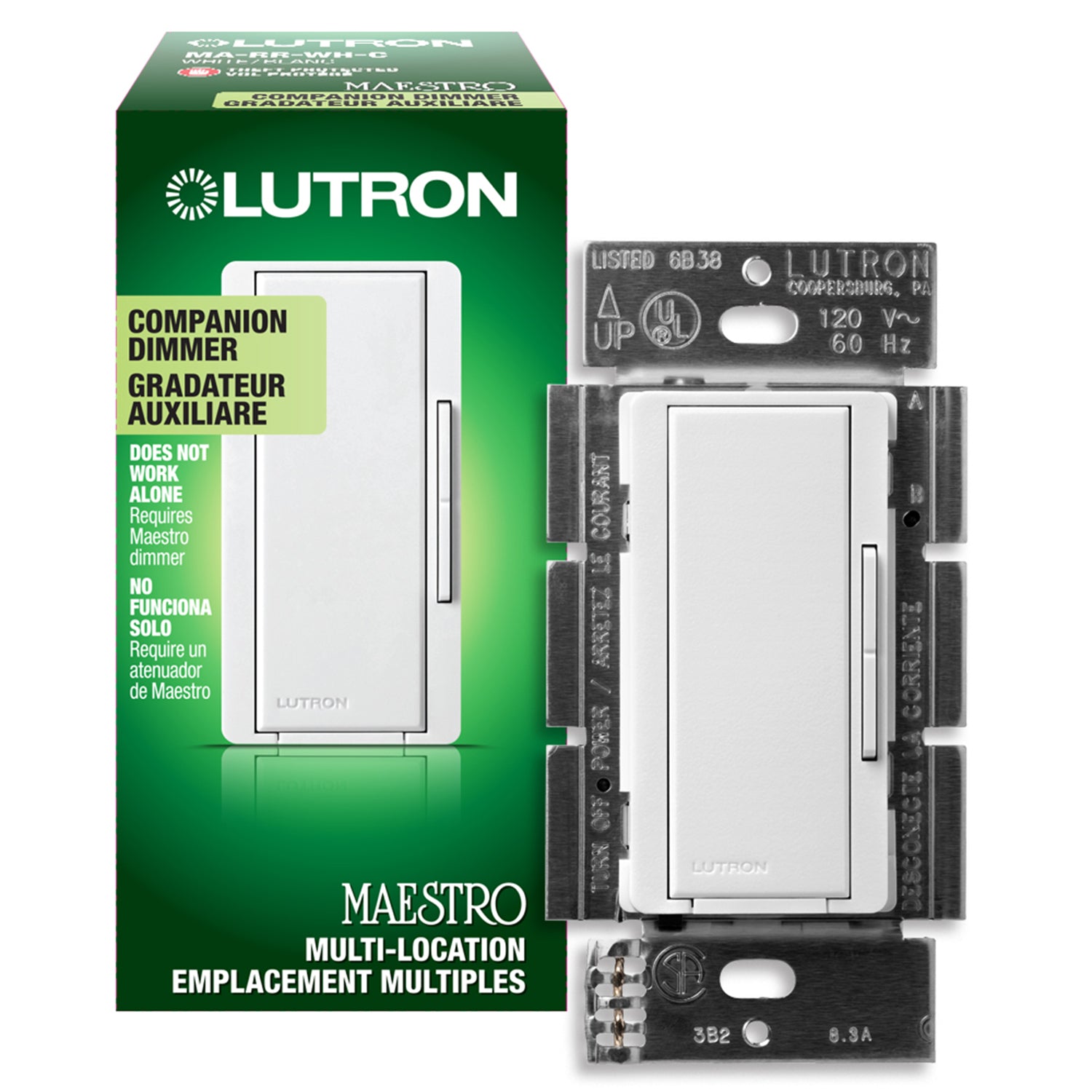 Lutron Maestro Companion Multi-Location Dimmer, Not for Standalone Use, White