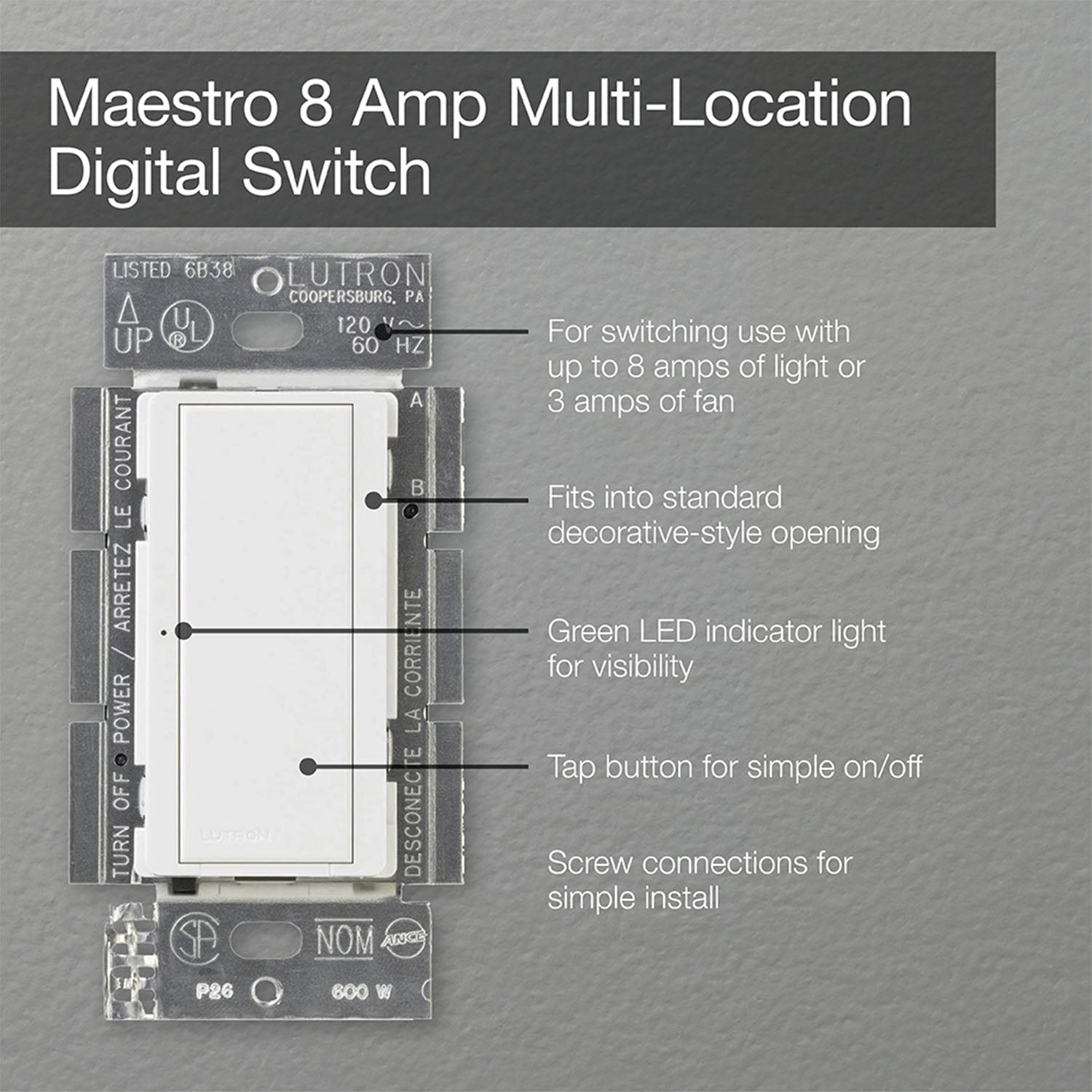 Maestro Tap Light Switch, 8A Single Pole/Multi-Location, White