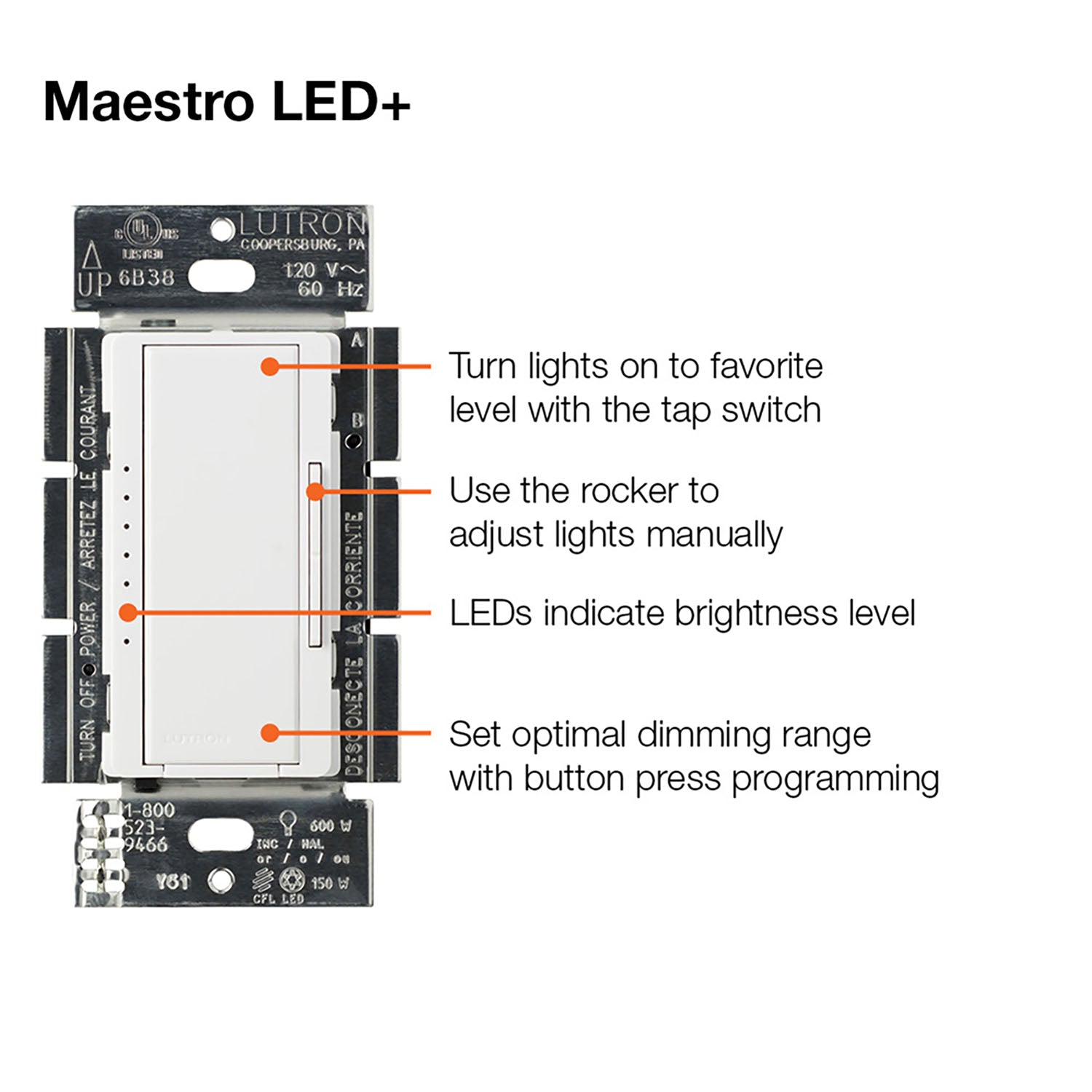 Maestro LED+ Dimmer Switch, 150-Watt, Single Pole or Multi-Location, Black