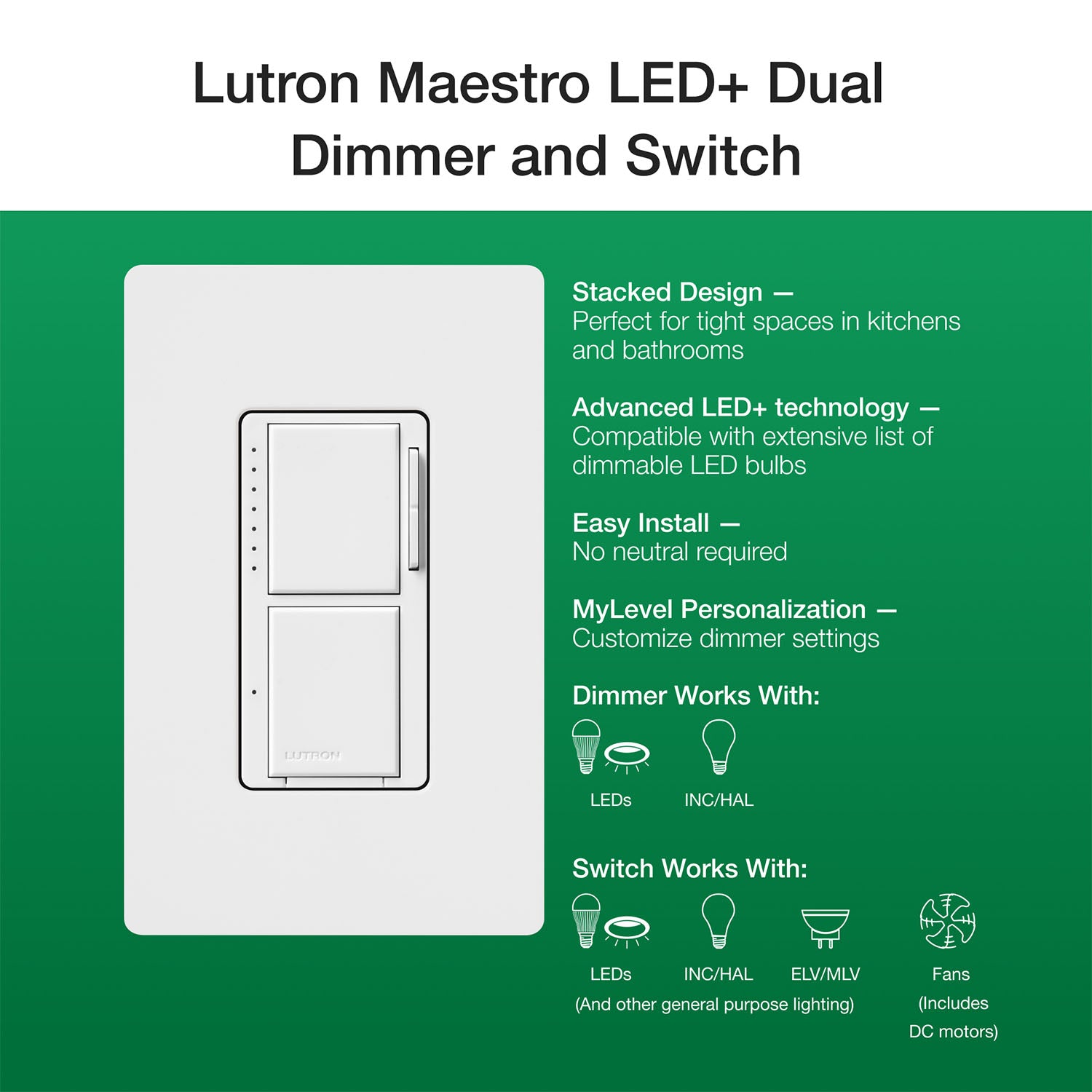 Maestro LED+ Dual Dimmer and Switch, Single Pole, Light Almond