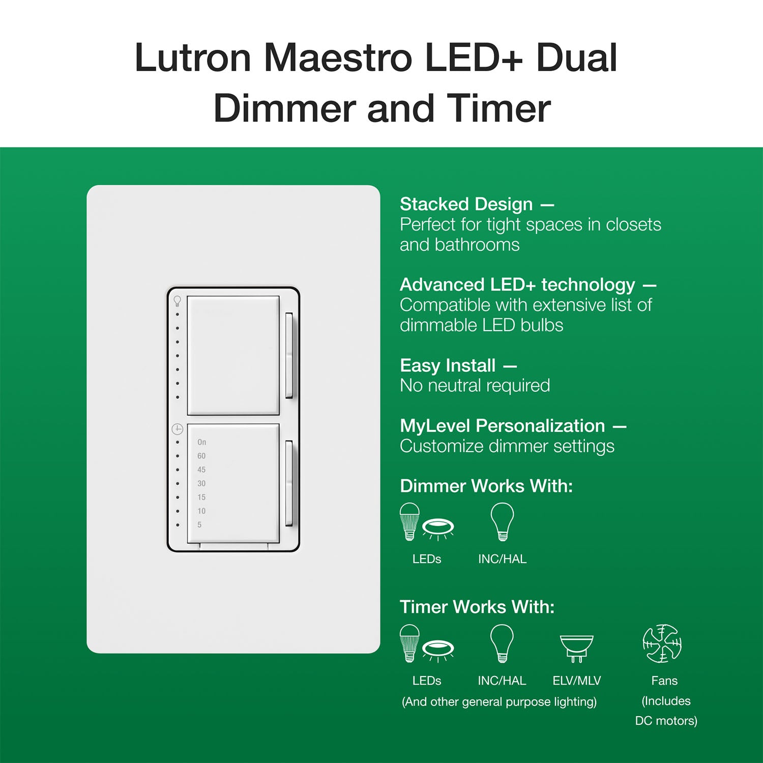 Maestro LED+ Dual Dimmer and Timer Switch, Single Pole, Light Almond