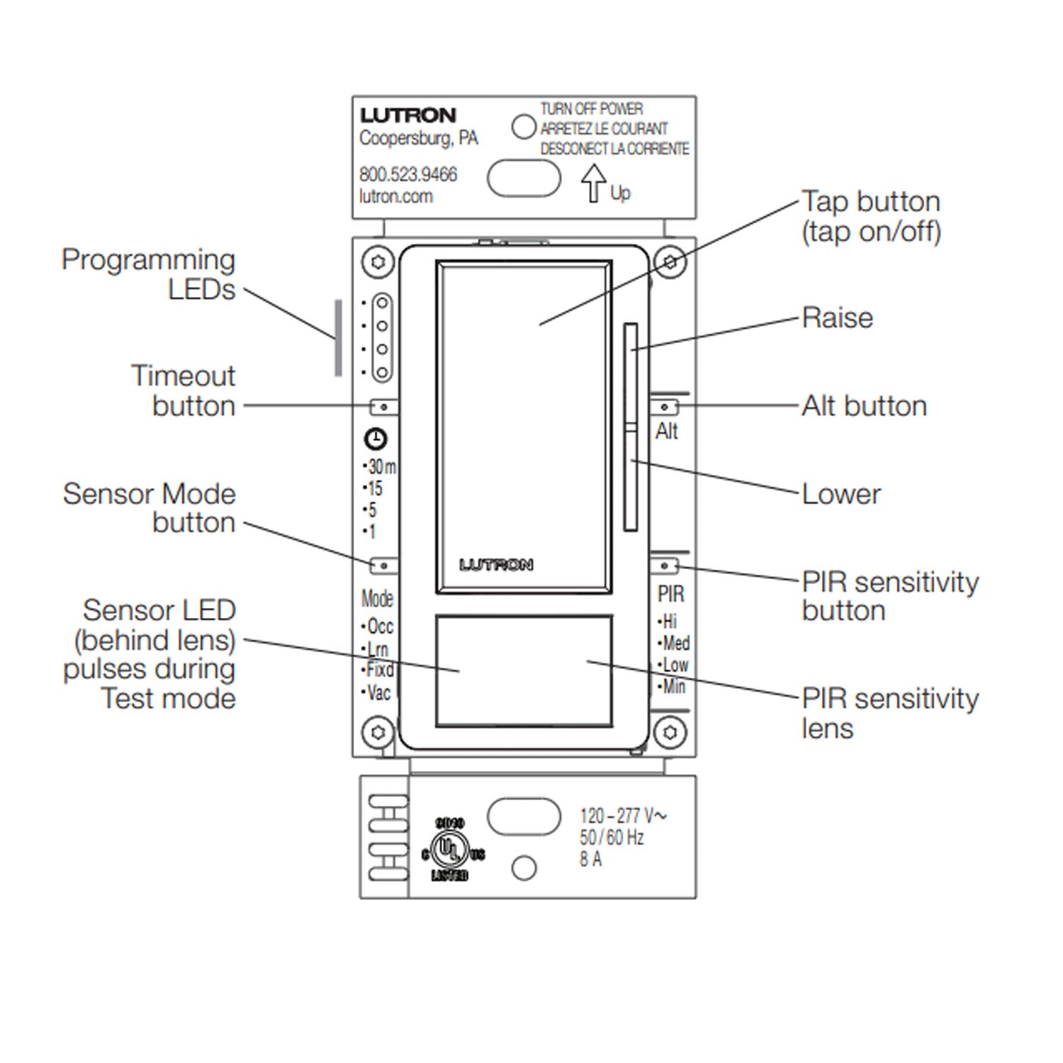 Maestro 120-277V Occupancy/Vacancy Motion Sensor Switch with 0-10V Dimmer PIR, 3-Way/Multi-Location, White