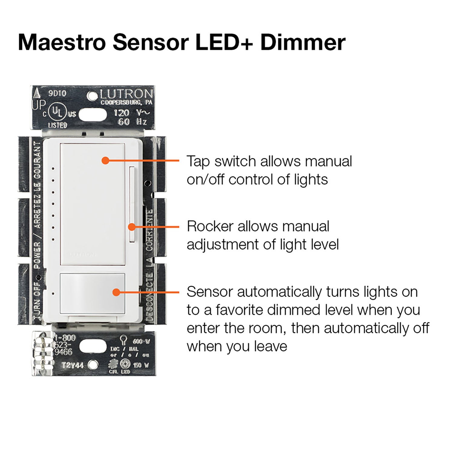 Maestro 120V Occupancy/Vacancy Motion Sensor Switch with LED Dimmer PIR, Single Pole/Multi-Location, White