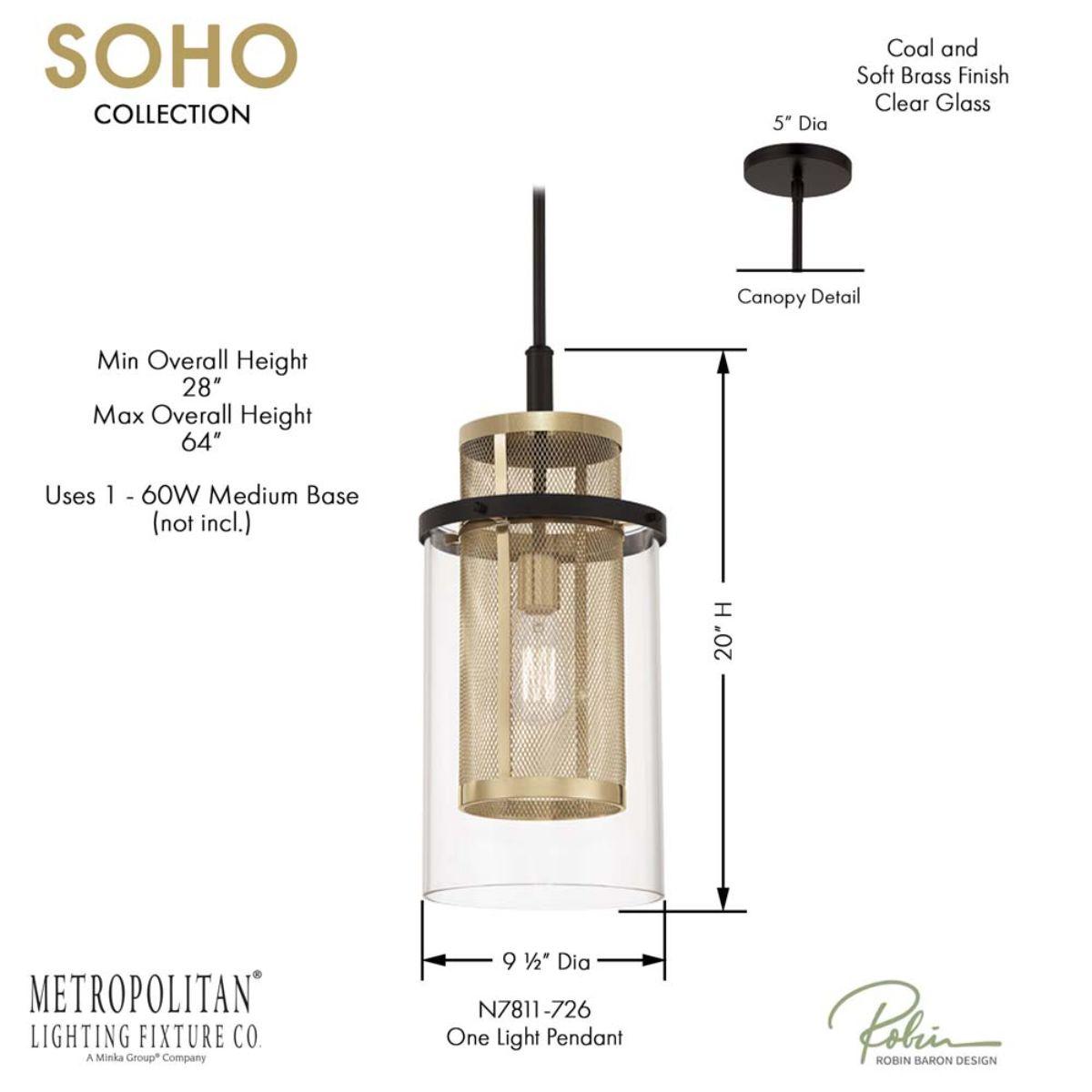 Soho 10 in. Pendant Light Black & Brass Finish - Bees Lighting