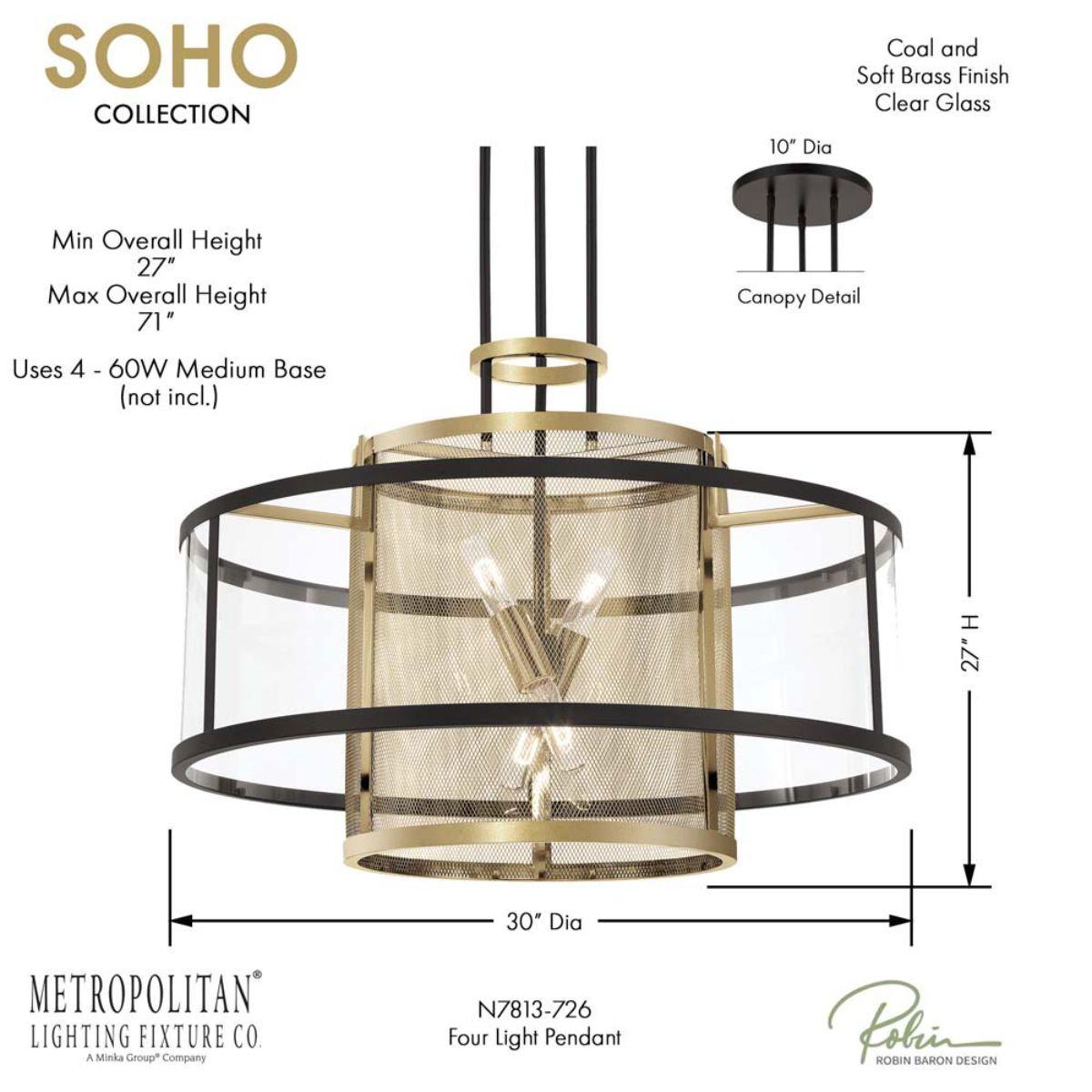 Soho 30 in. 4 Lights Pendant Light Black & Brass Finish - Bees Lighting