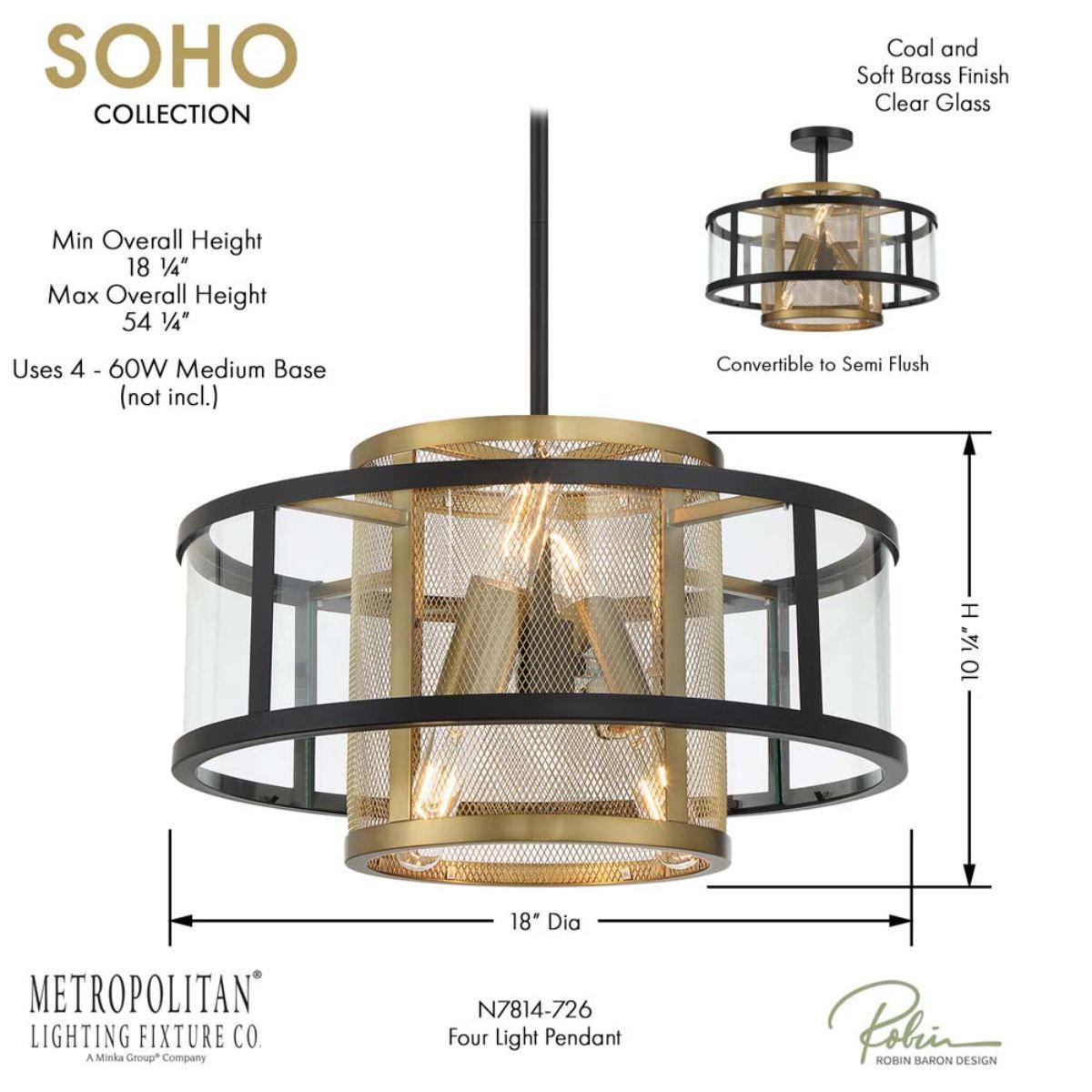 Soho 18 in. 4 Lights Pendant Light Black & Brass Finish - Bees Lighting