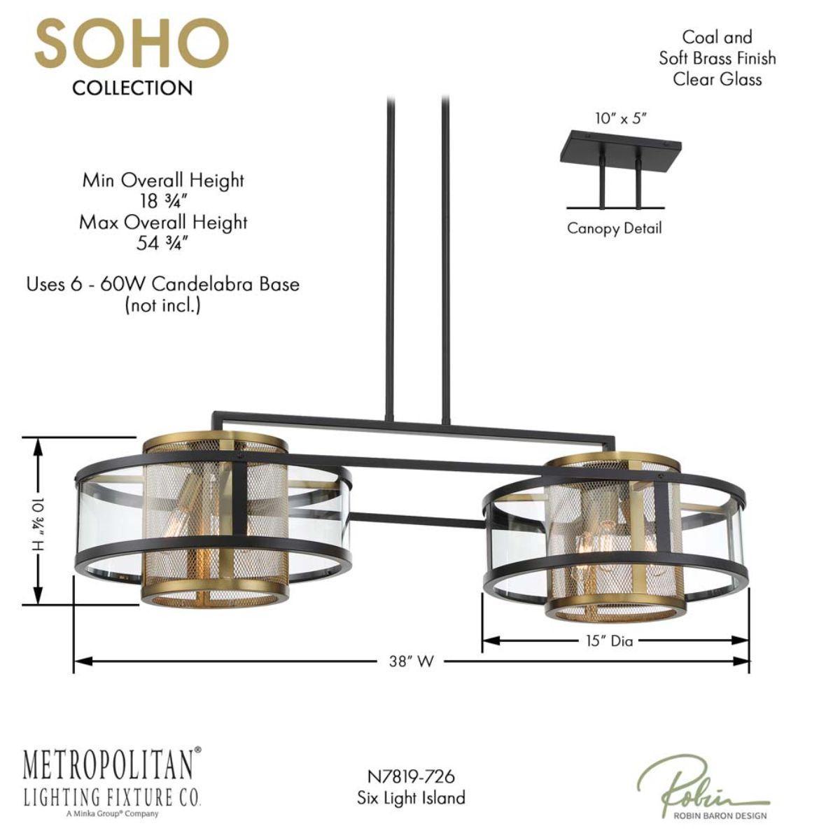 Soho 38 in. 6 Lights Pendant Light Black & Brass Finish - Bees Lighting