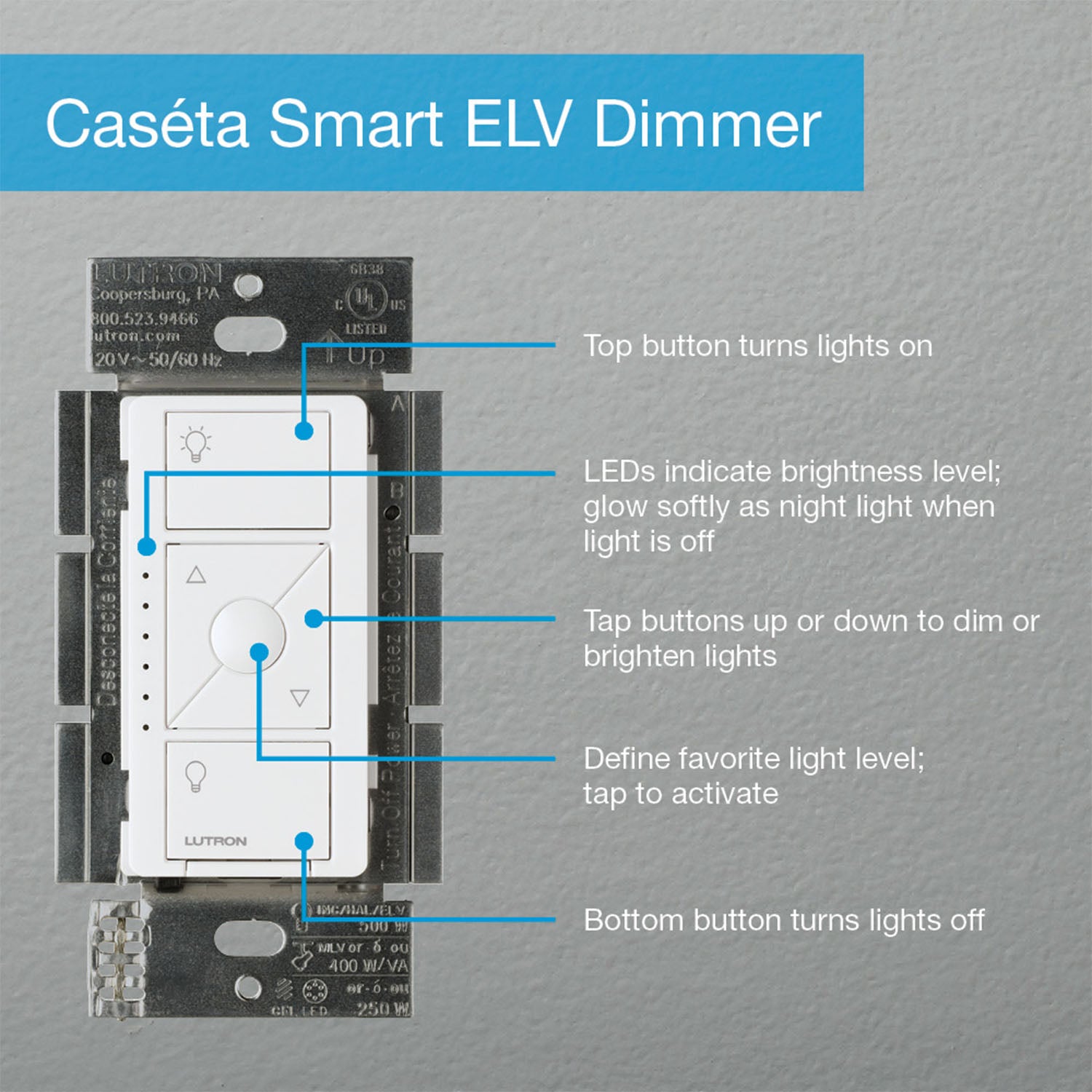 Caseta Wireless Smart Dimmer Switch ELV/LED 3-Way/Multi-Location Neutral Required White