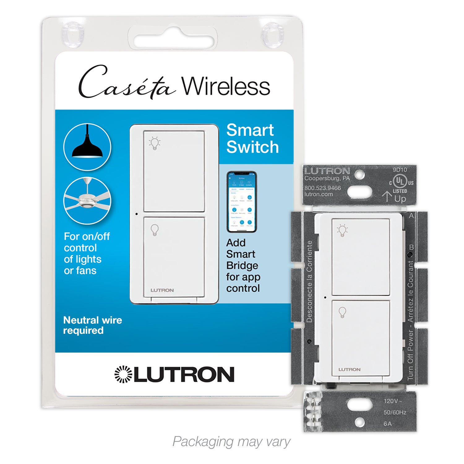 Caseta Wireless 3-Way Tap Smart Light Switch, Neutral Required, Light Almond